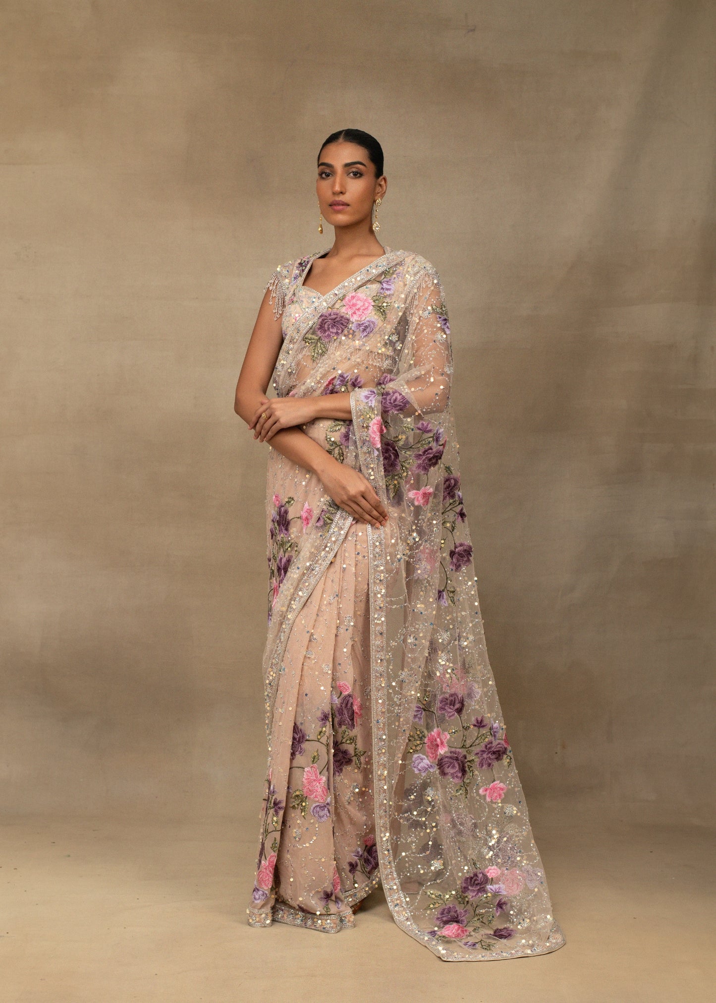 Nude Pink Floral Embroidered Sequin Saree