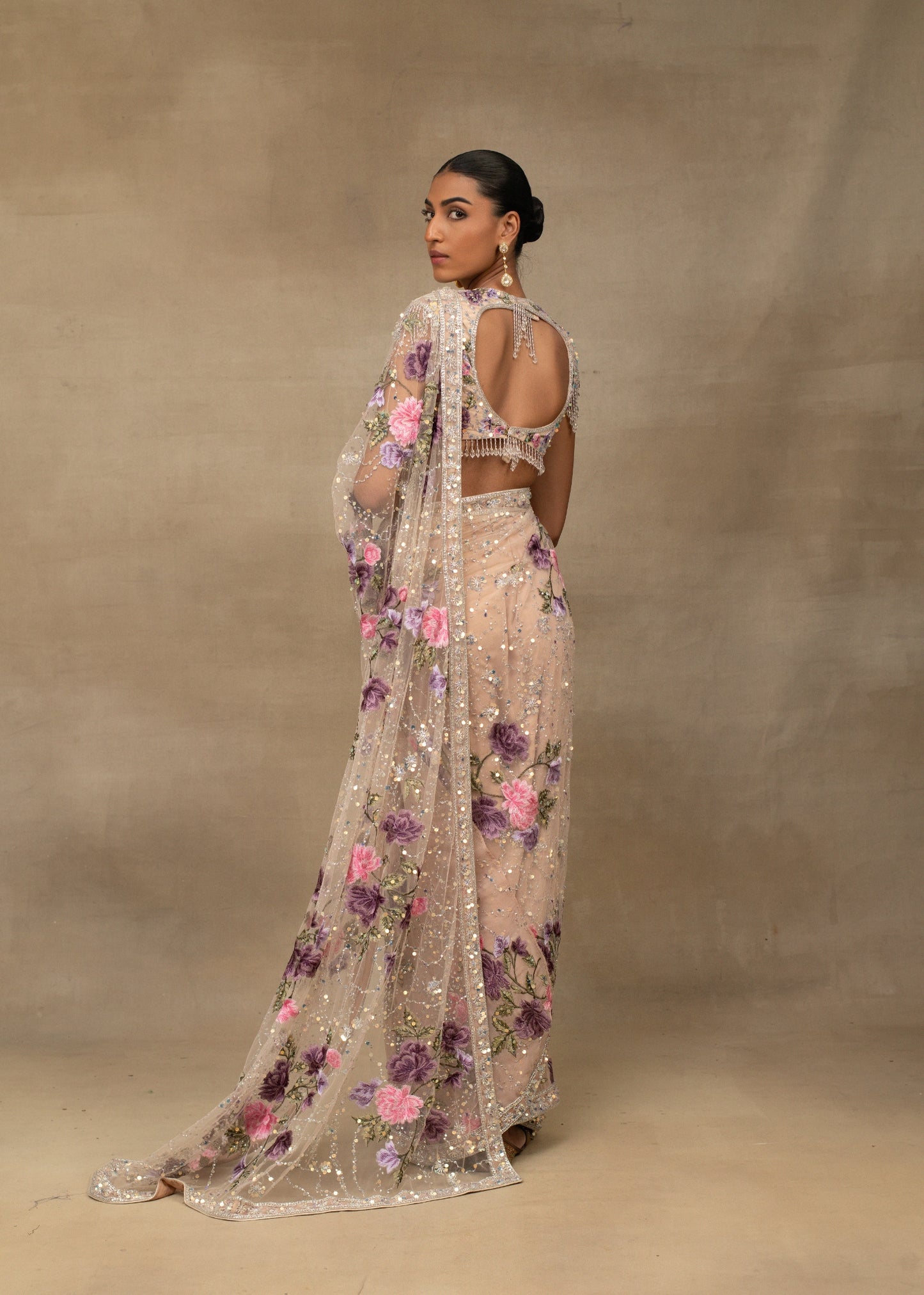 Nude Pink Floral Embroidered Sequin Saree