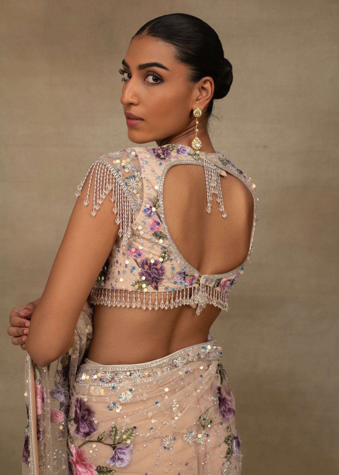Nude Pink Floral Embroidered Sequin Saree