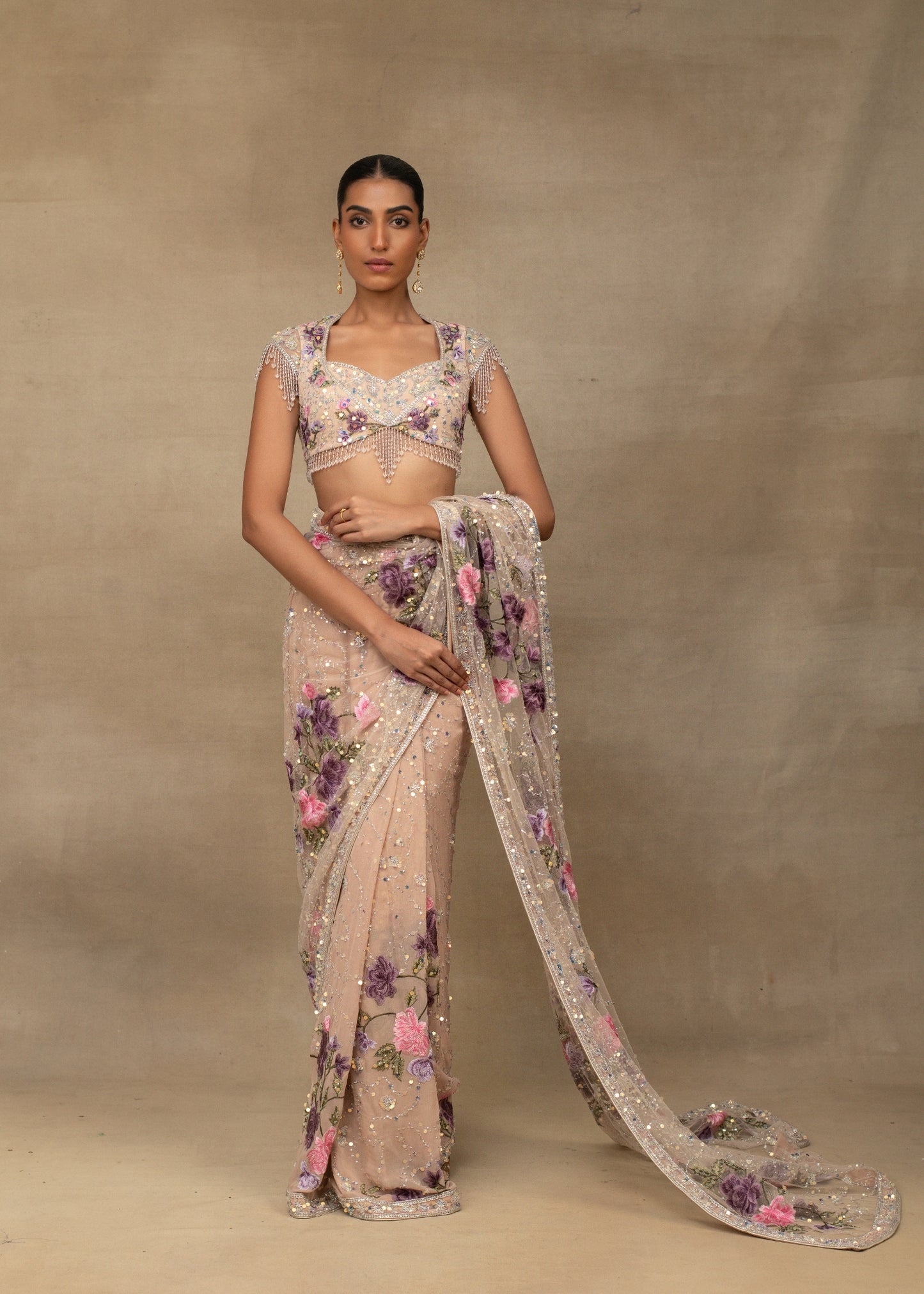 Nude Pink Floral Embroidered Sequin Saree