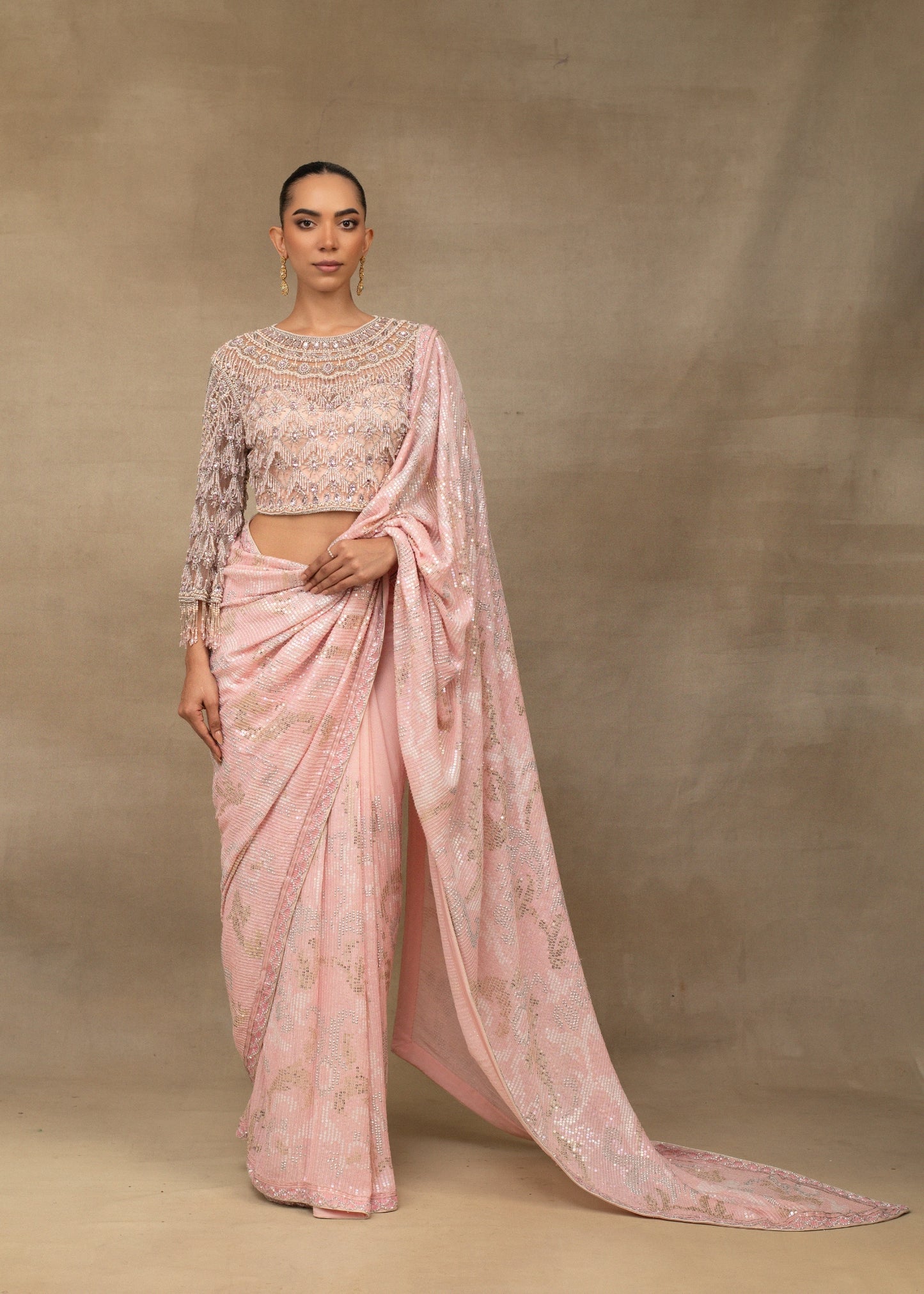 Blush Pink Sequin Saree with Embellished Blouse