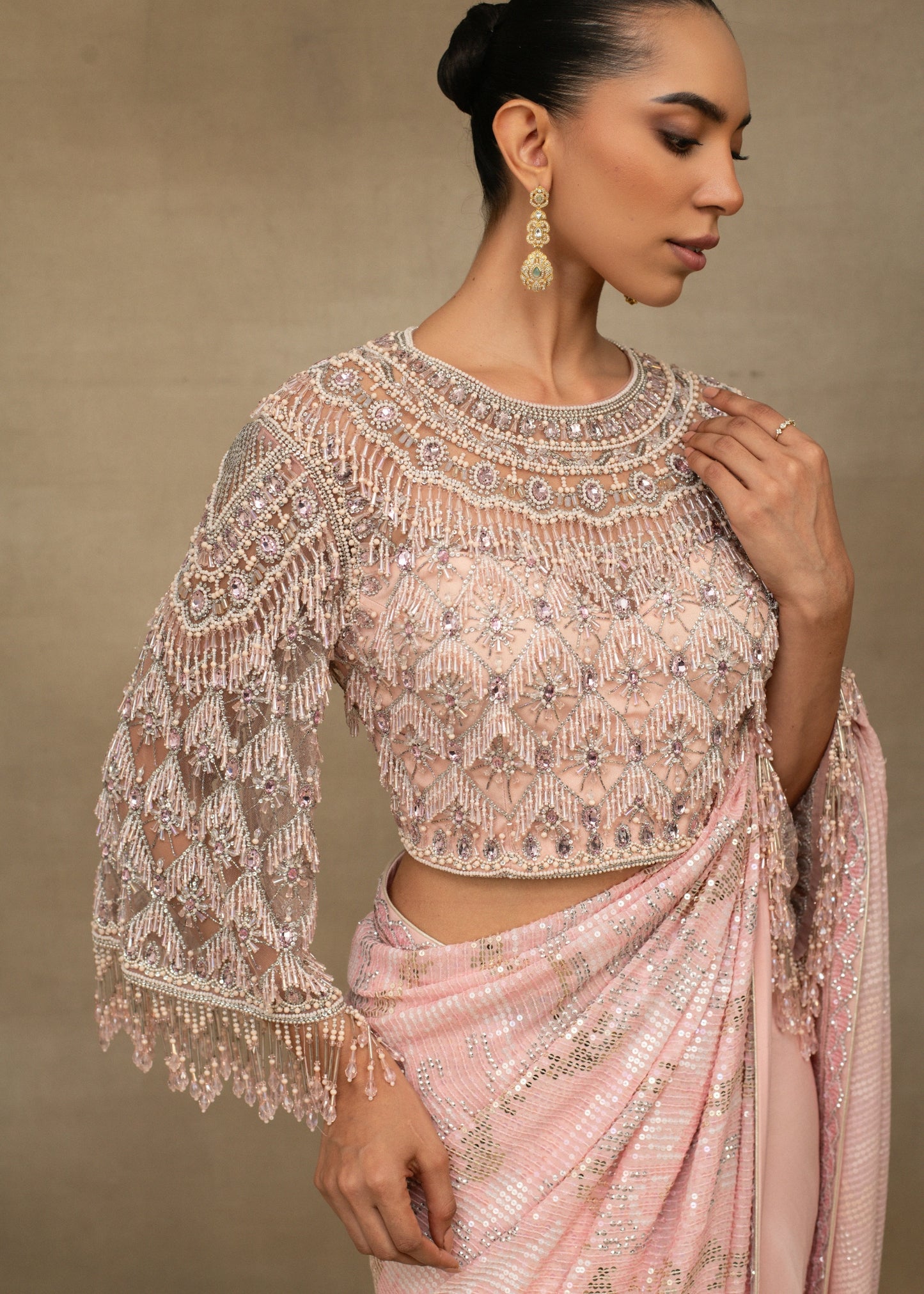 Blush Pink Sequin Saree with Embellished Blouse