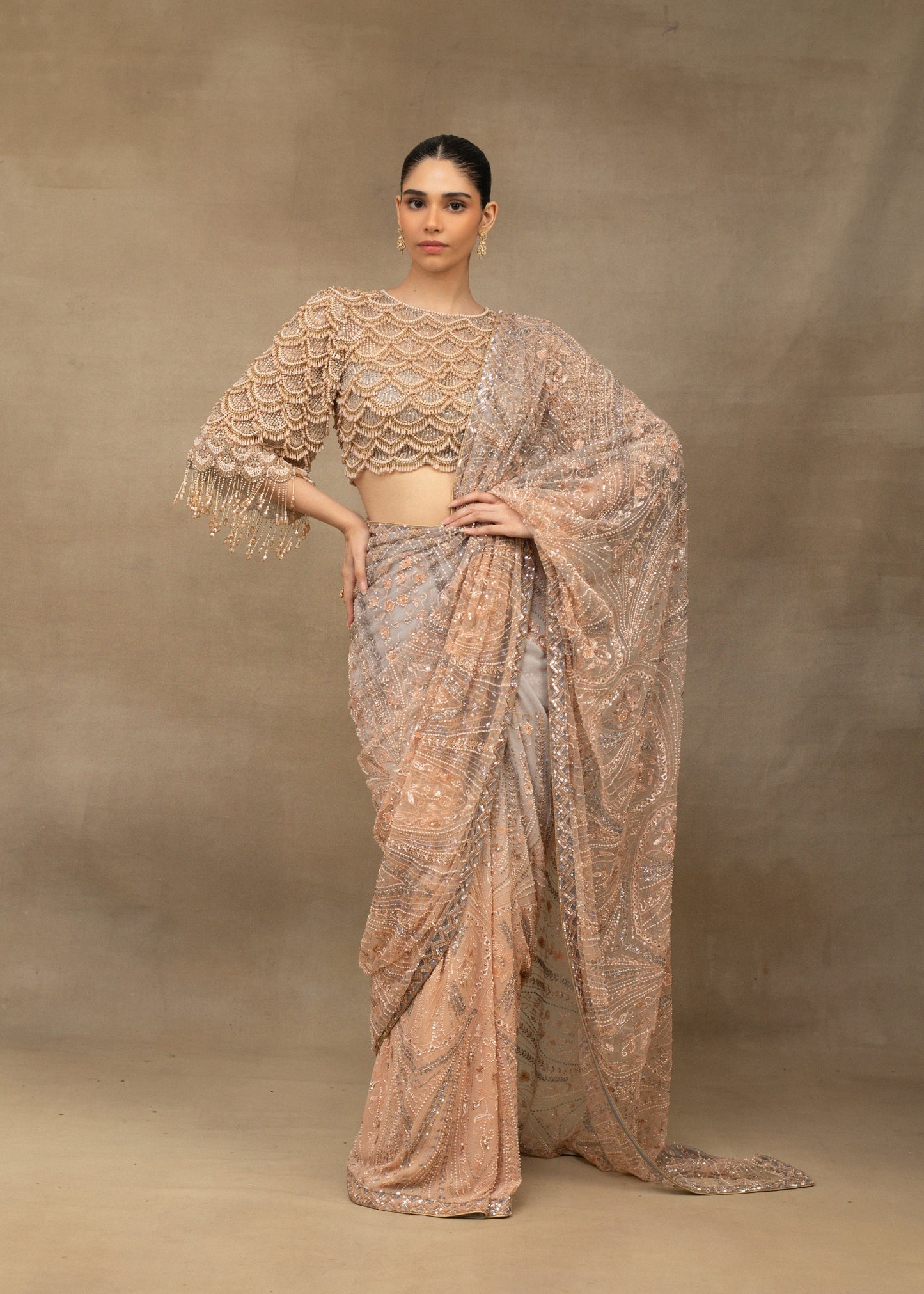 Rose Gold Embellished Saree with Beaded Fringe Blouse
