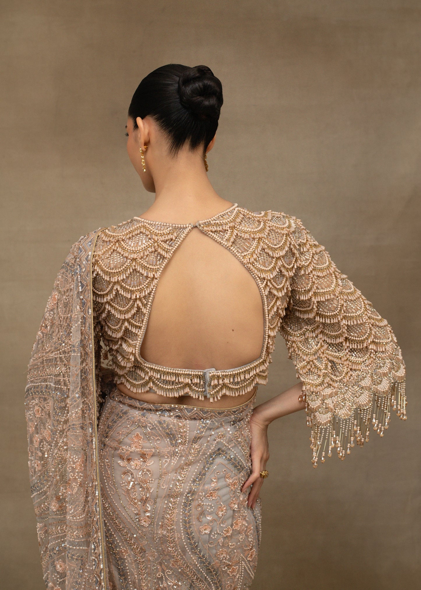 Rose Gold Embellished Saree with Beaded Fringe Blouse