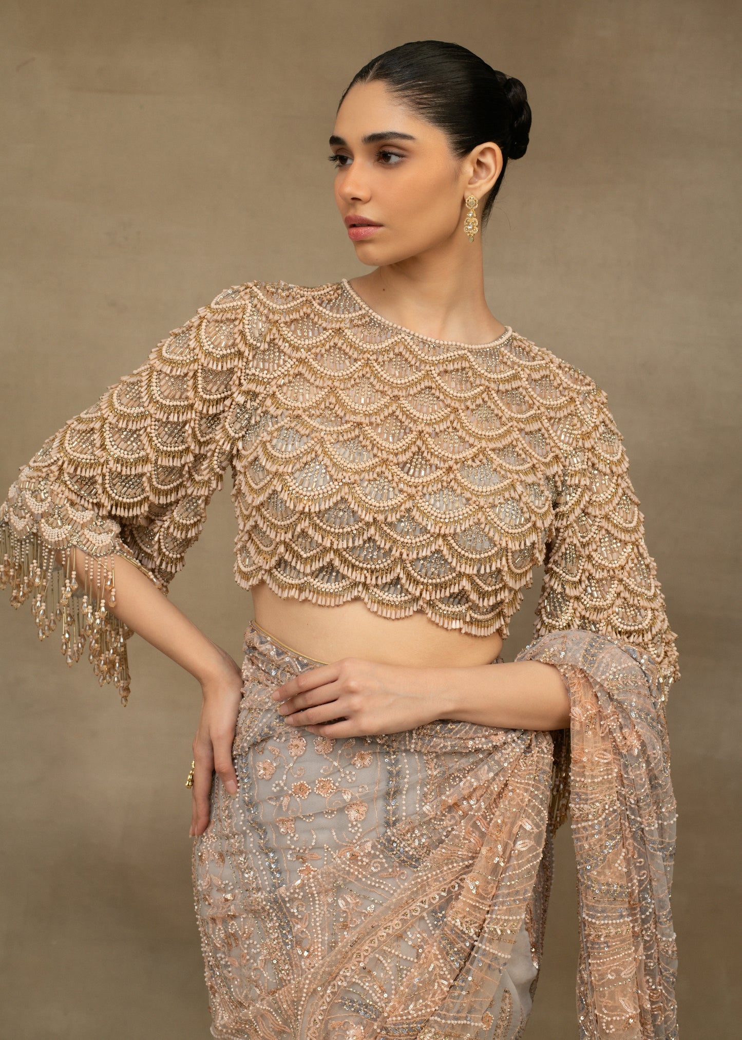 Rose Gold Embellished Saree with Beaded Fringe Blouse