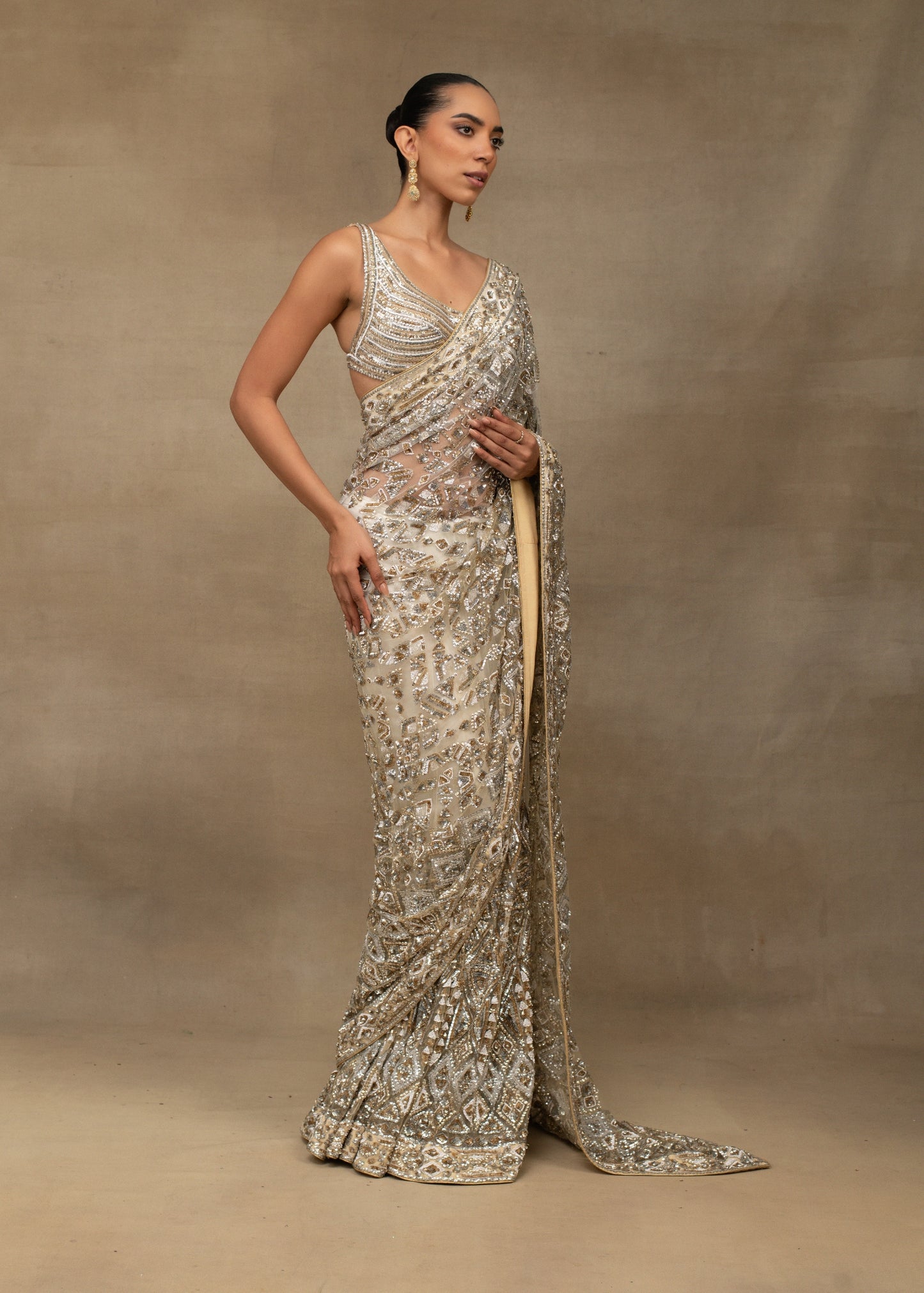 Silver and Gold Embellished V-Neck Saree