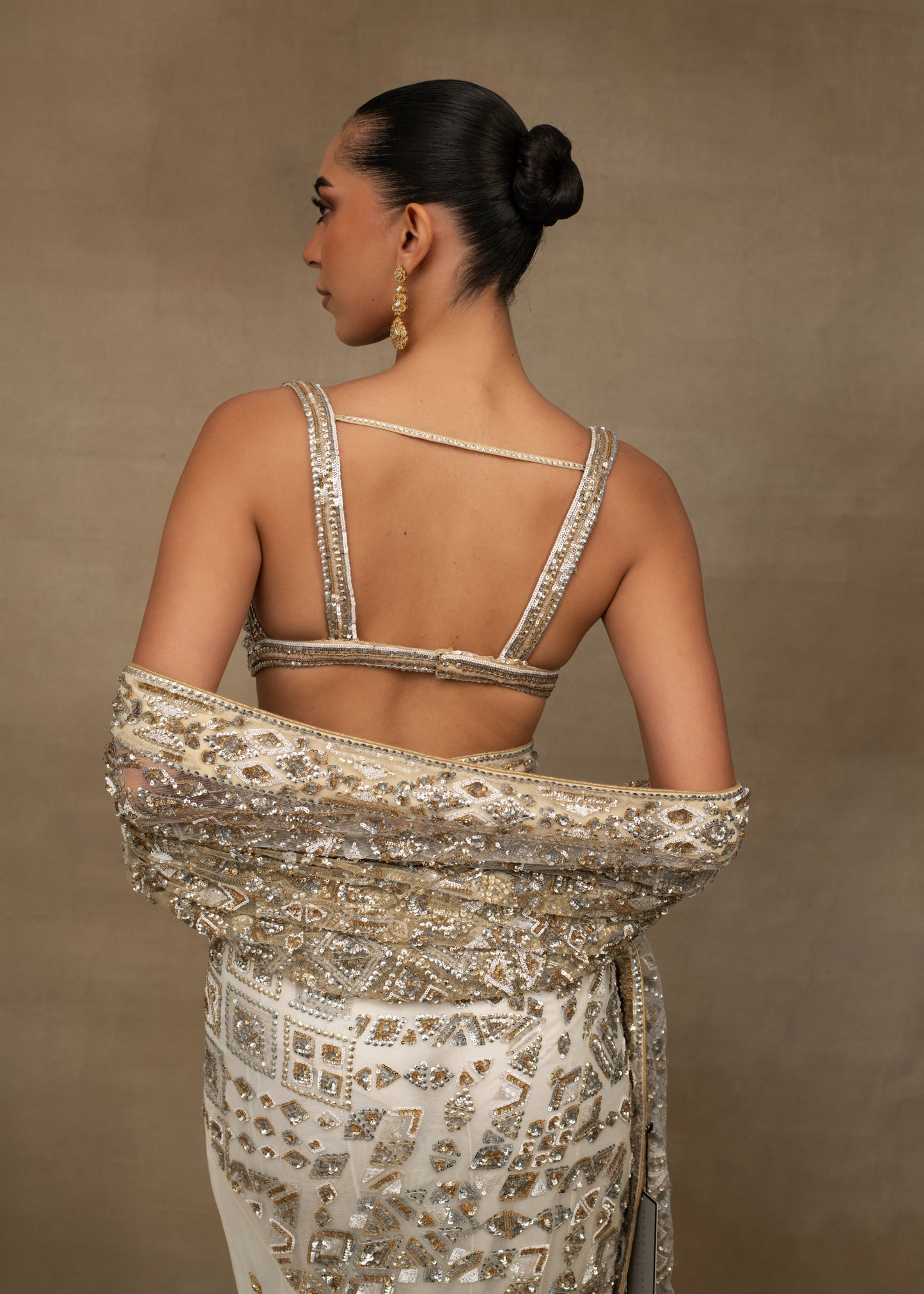 Silver and Gold Embellished V-Neck Saree