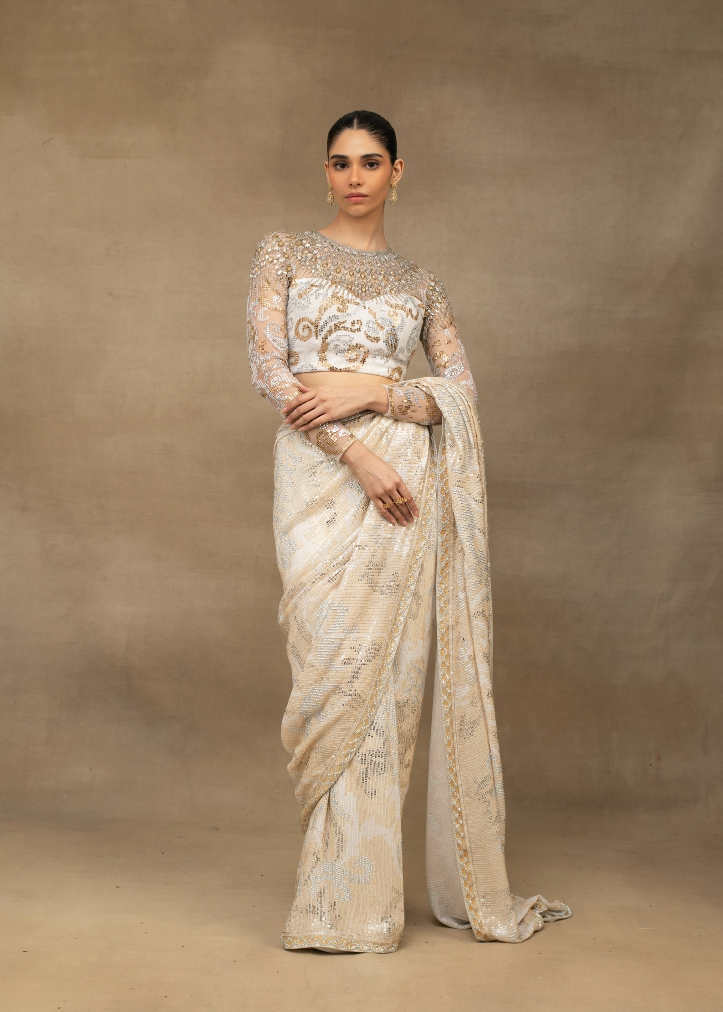 White and Gold Sequin Saree with Embroidered Blouse