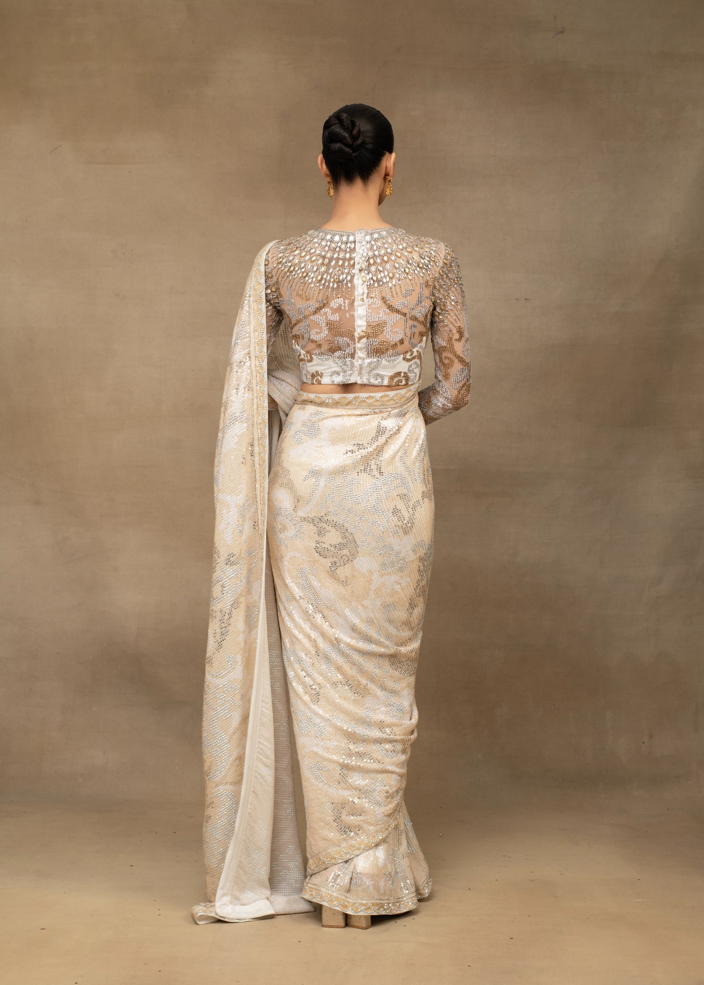 White and Gold Sequin Saree with Embroidered Blouse