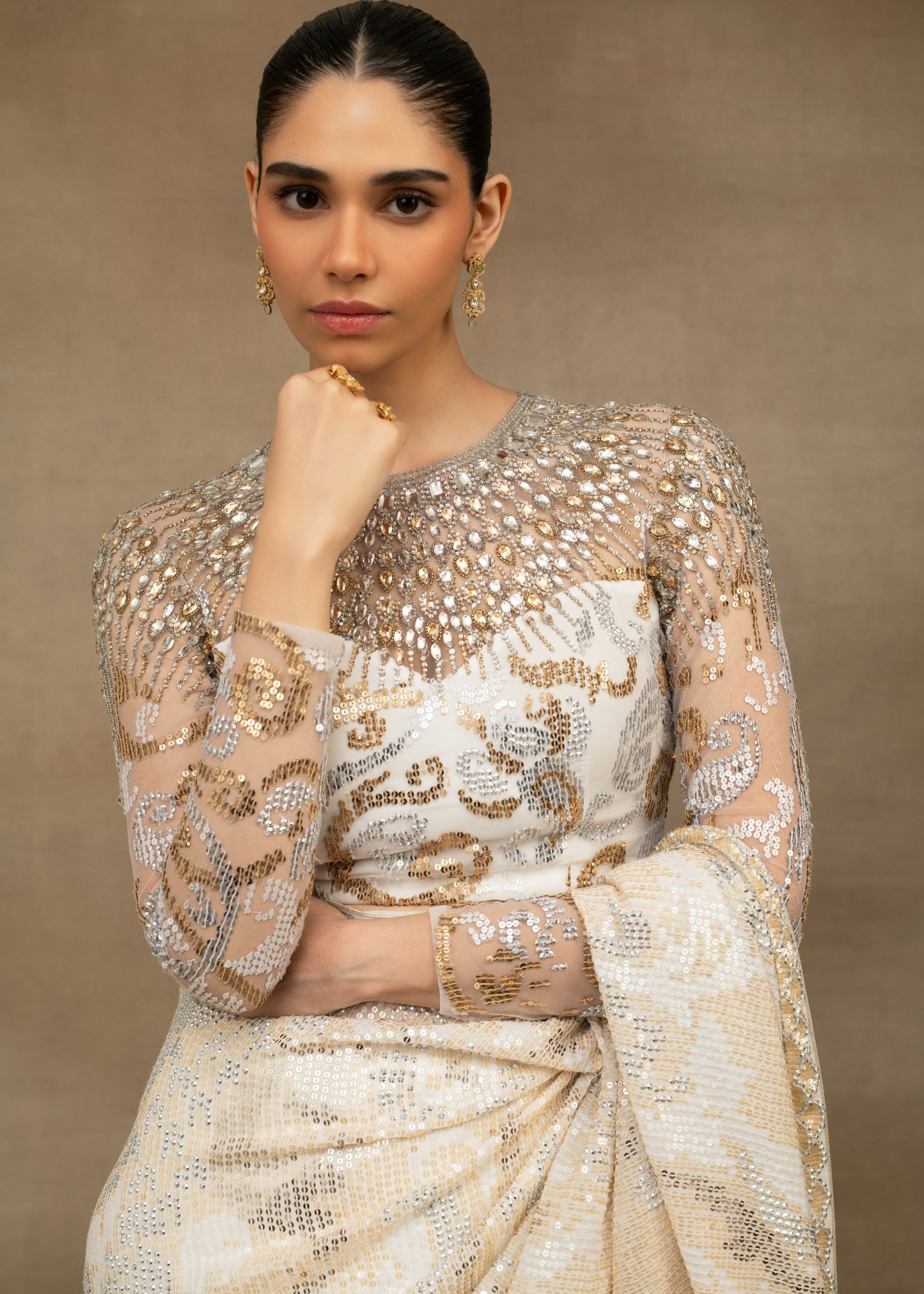 White and Gold Sequin Saree with Embroidered Blouse