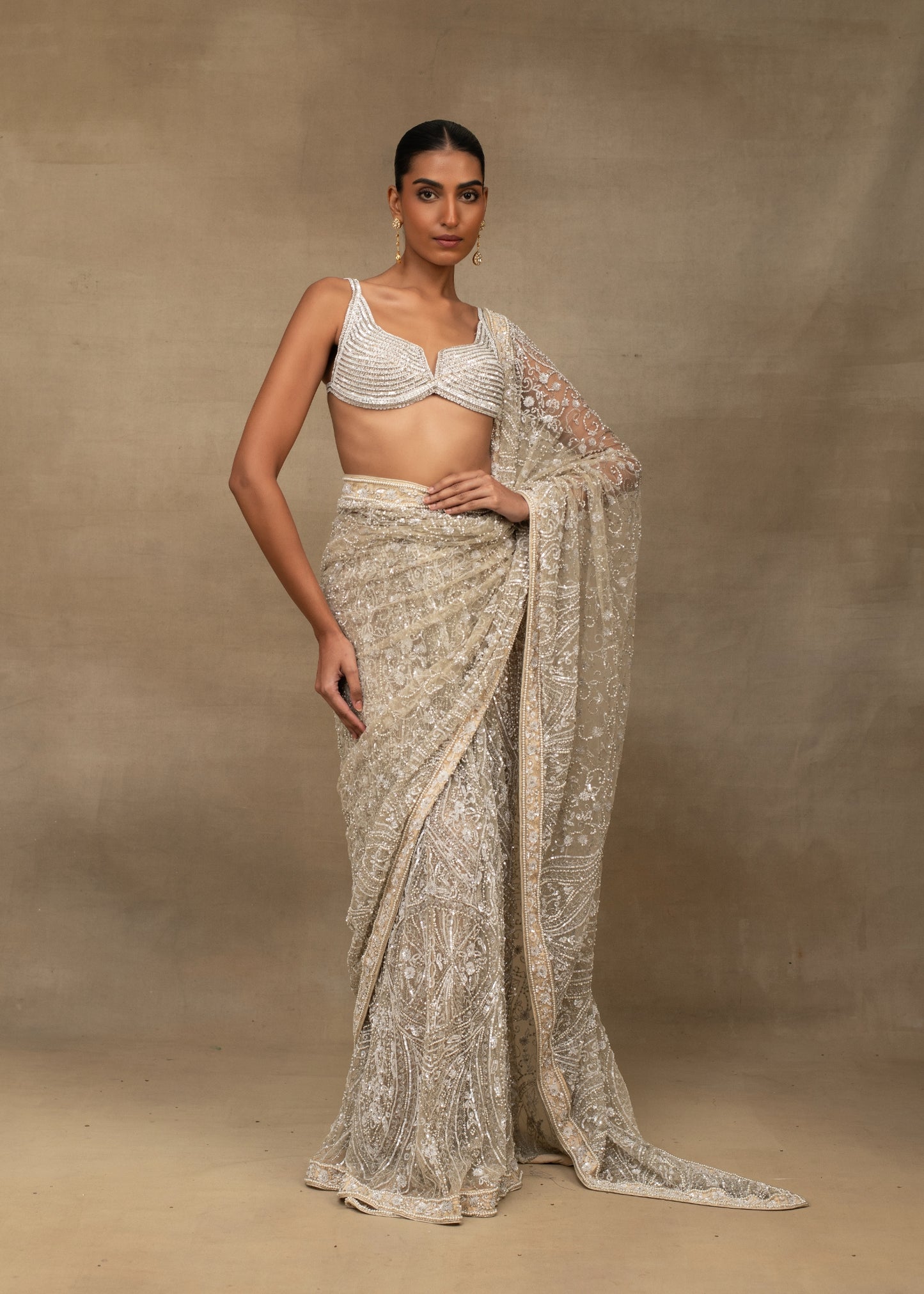 Ivory and Gold Sequin Saree with Beaded Bralette Blouse