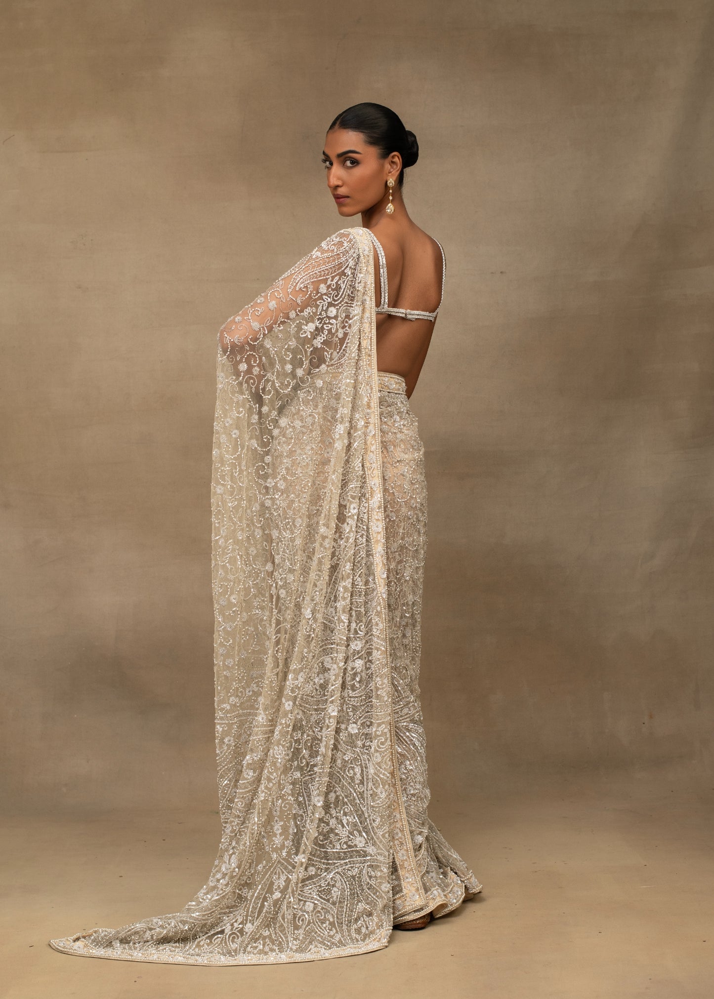 Ivory and Gold Sequin Saree with Beaded Bralette Blouse