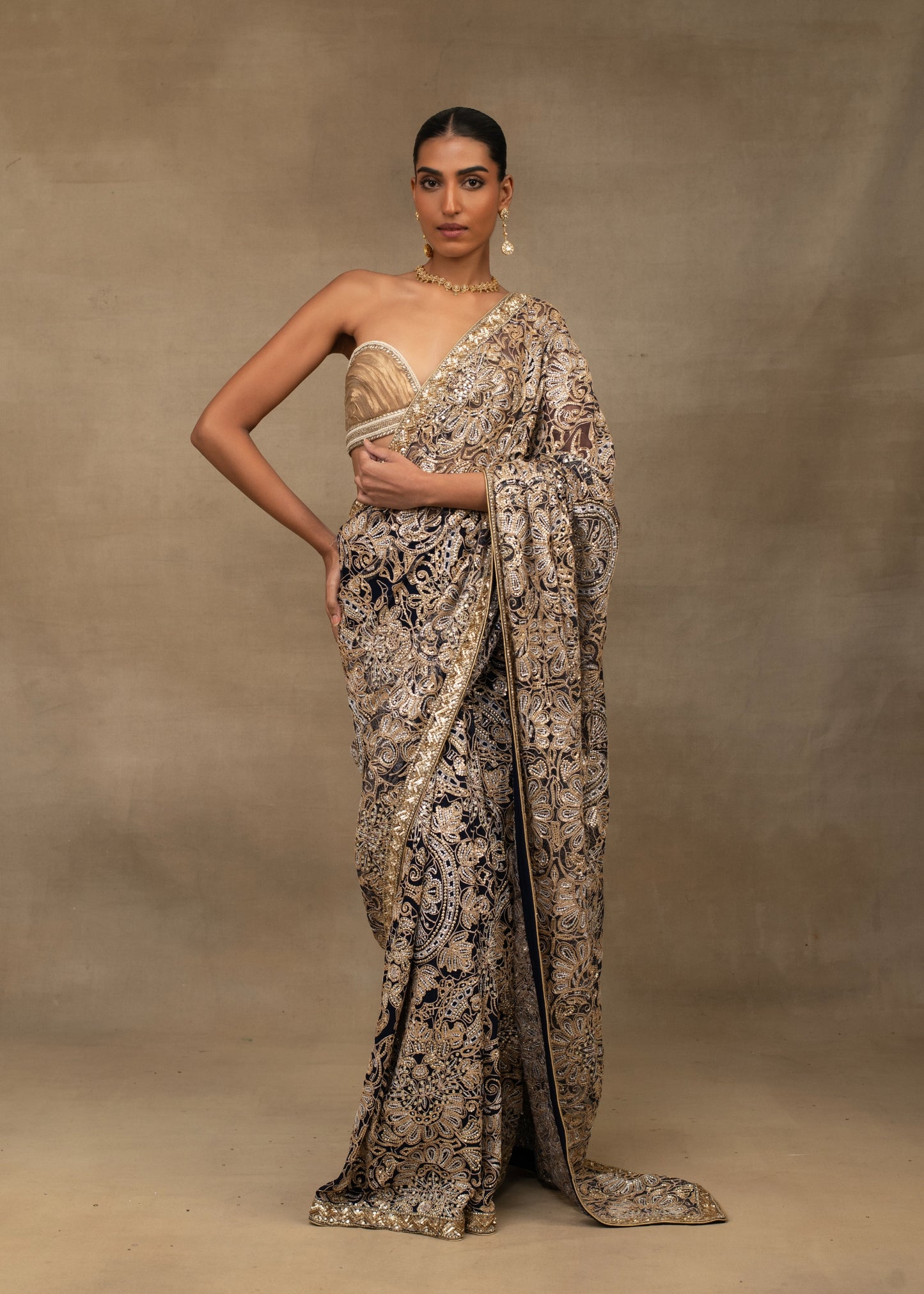 Navy Blue and Gold Embroidered Saree with Strapless Blouse