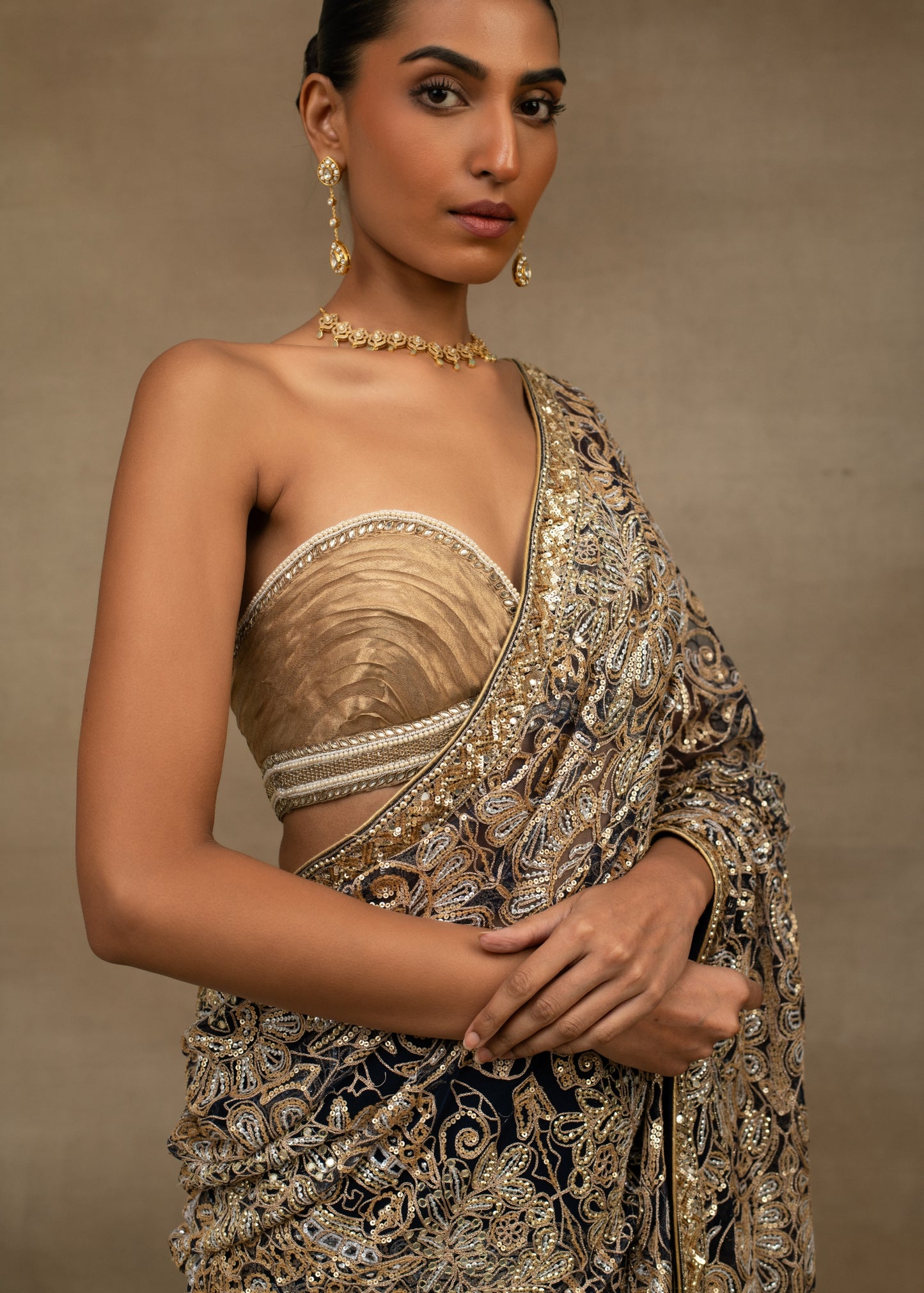 Navy Blue and Gold Embroidered Saree with Strapless Blouse