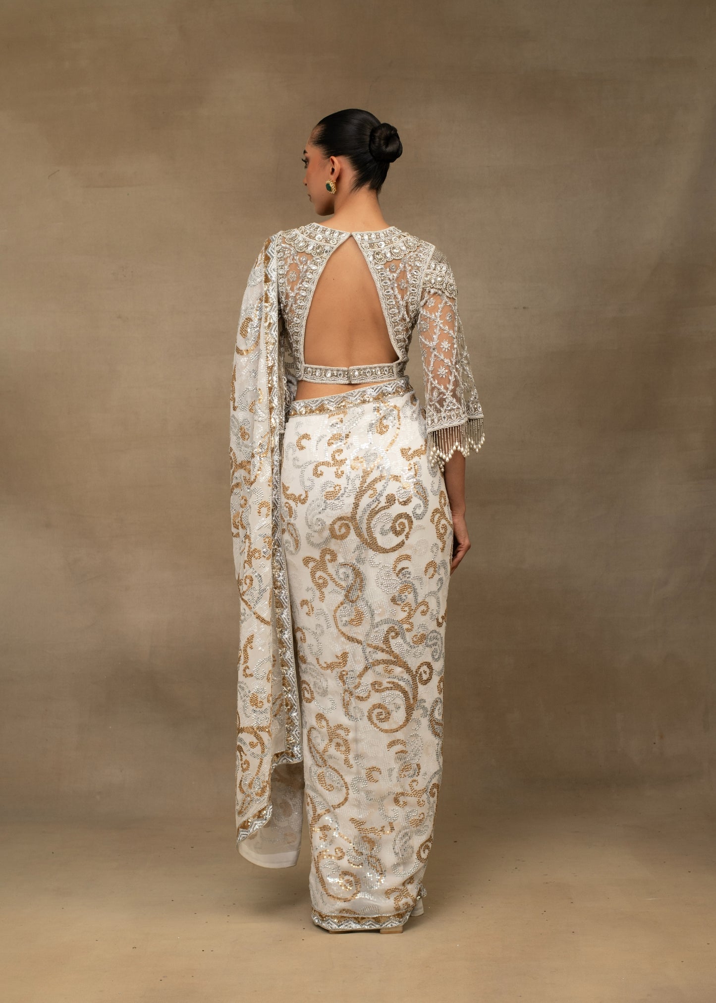 White and Gold Embroidered Saree with Sheer Blouse