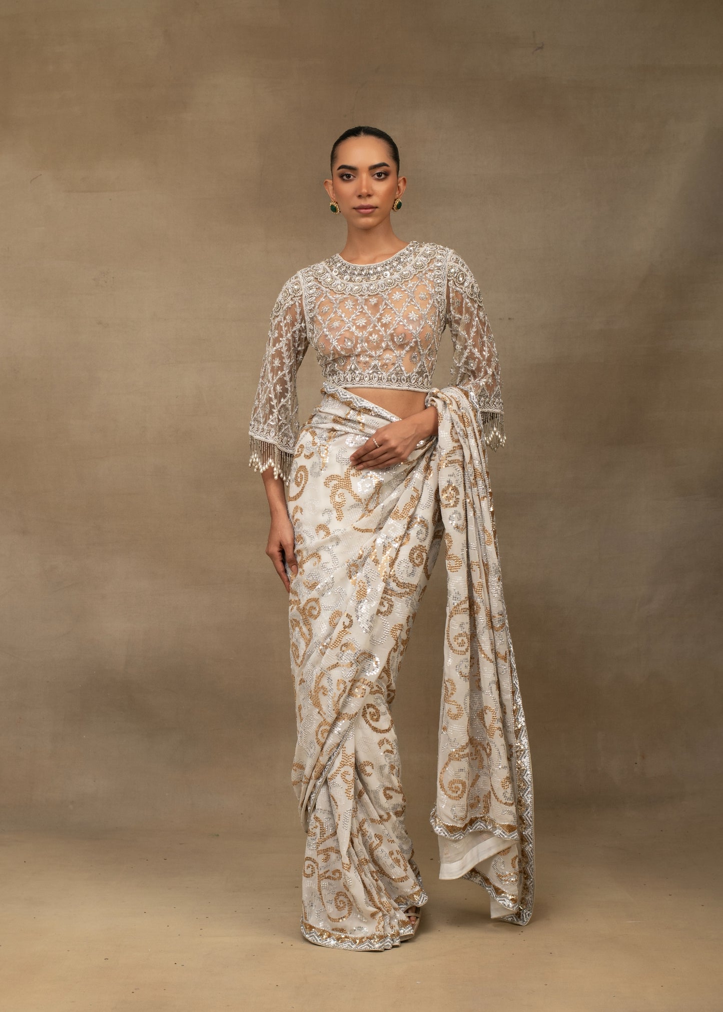 White and Gold Embroidered Saree with Sheer Blouse