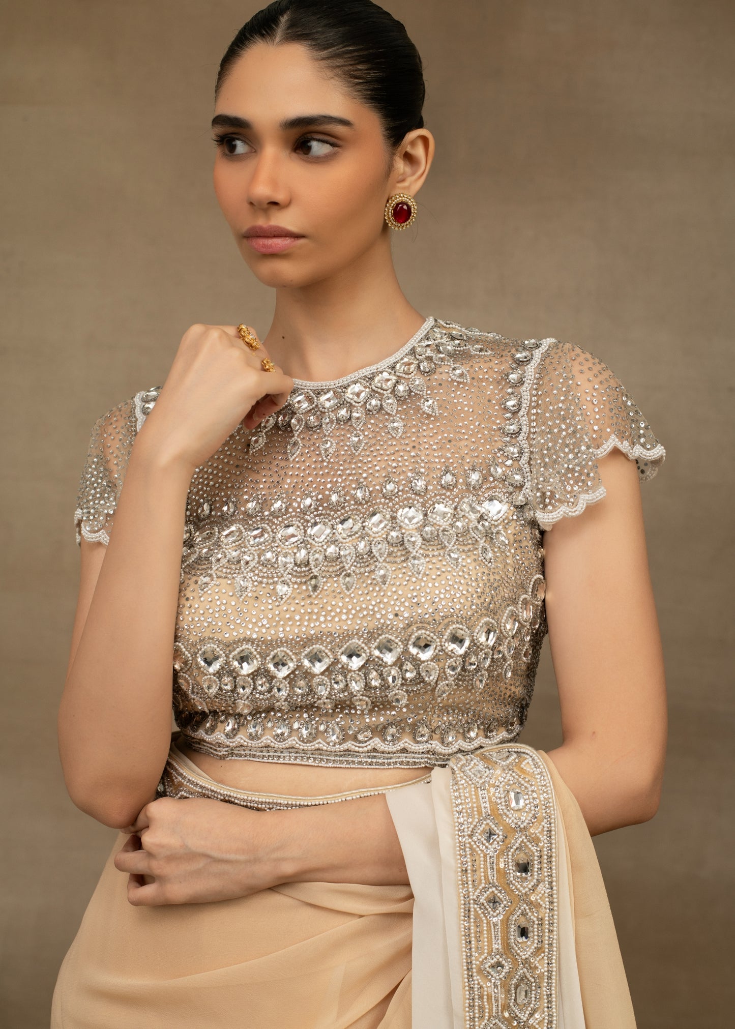 Ombre Beige and White Embellished Saree with Beaded Blouse