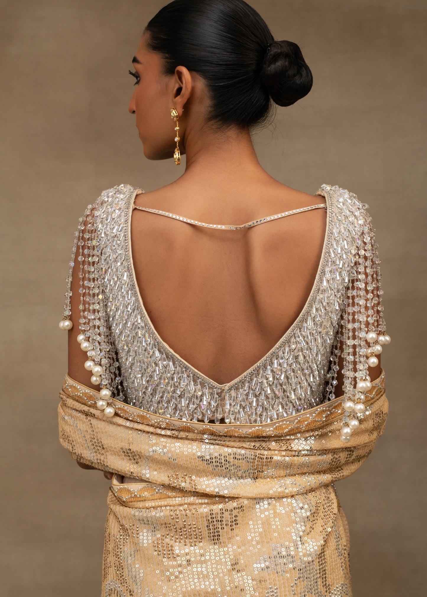 Gold Sequin Saree with Pearl Fringe Blouse
