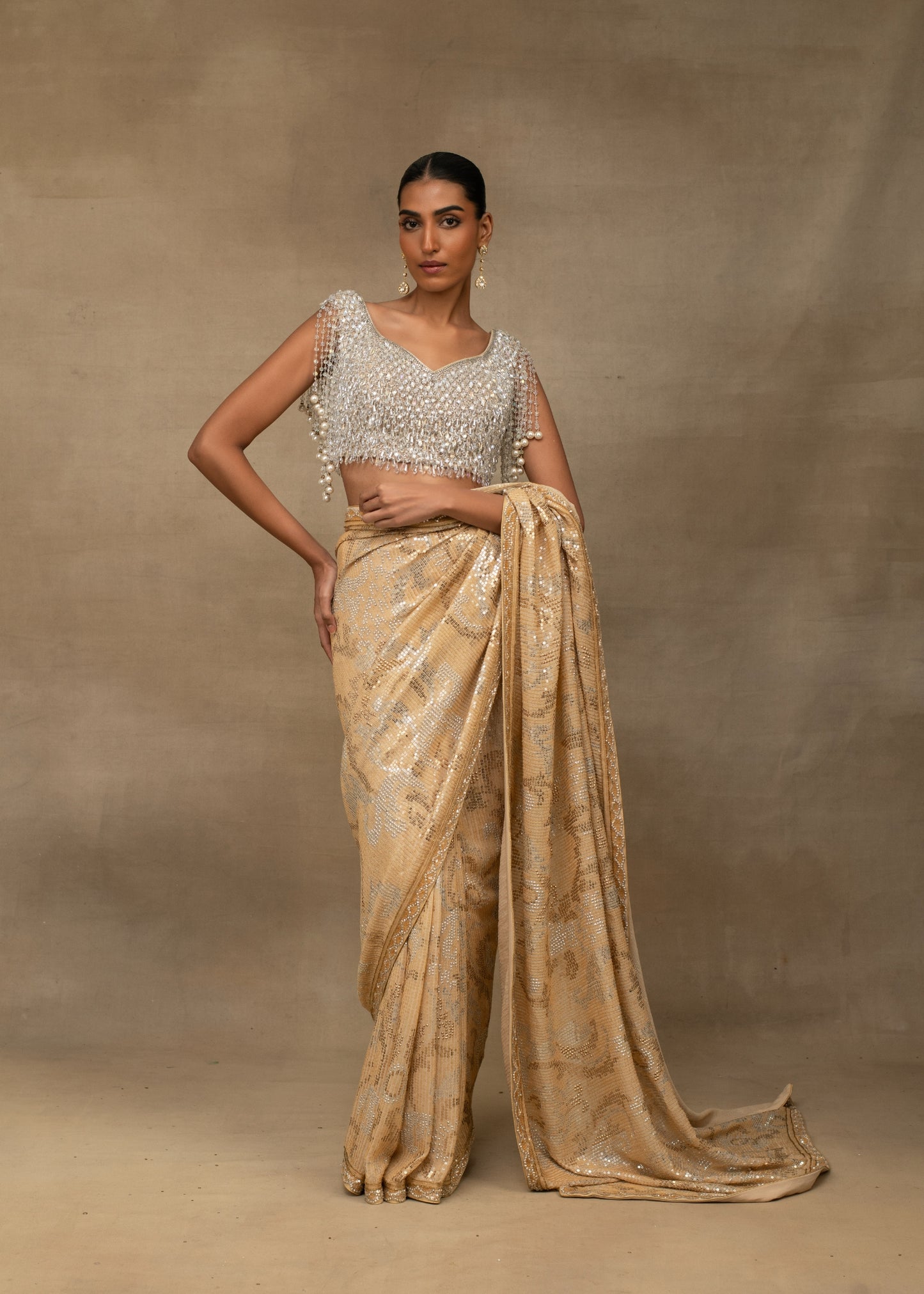 Gold Sequin Saree with Pearl Fringe Blouse