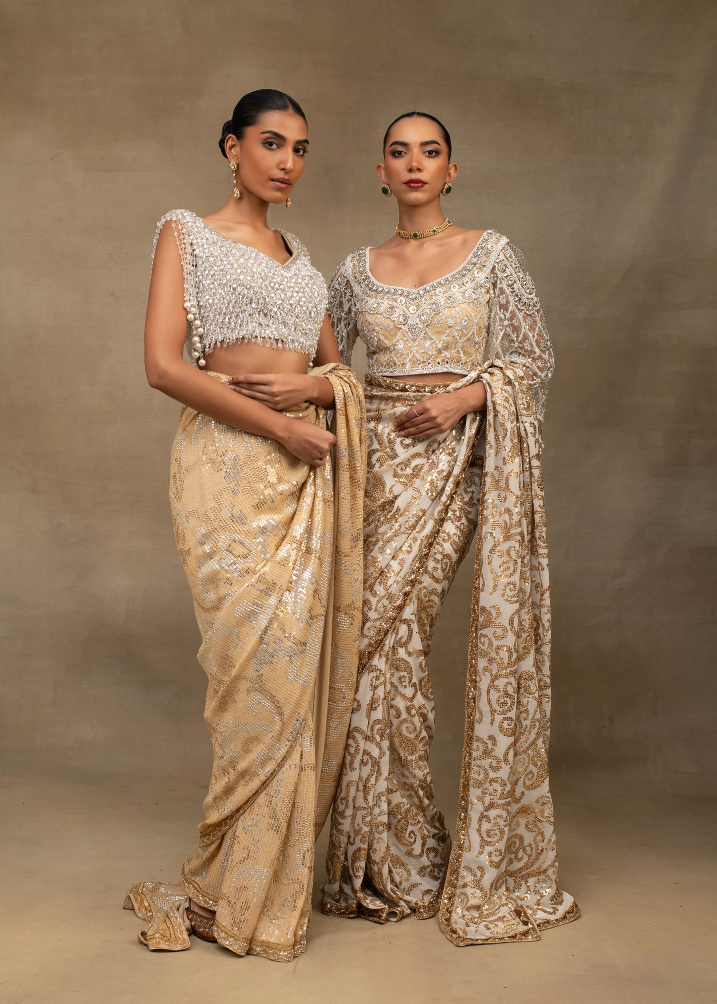 Ivory and Gold Sequin Embroidered Saree with Embellished Blouse