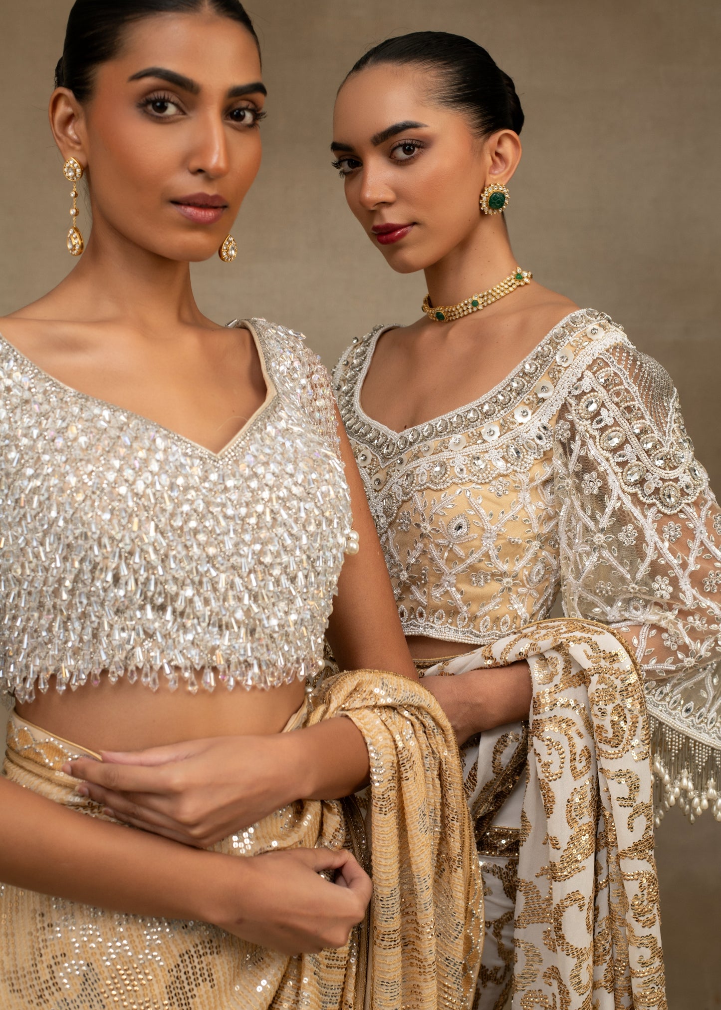 Ivory and Gold Sequin Embroidered Saree with Embellished Blouse