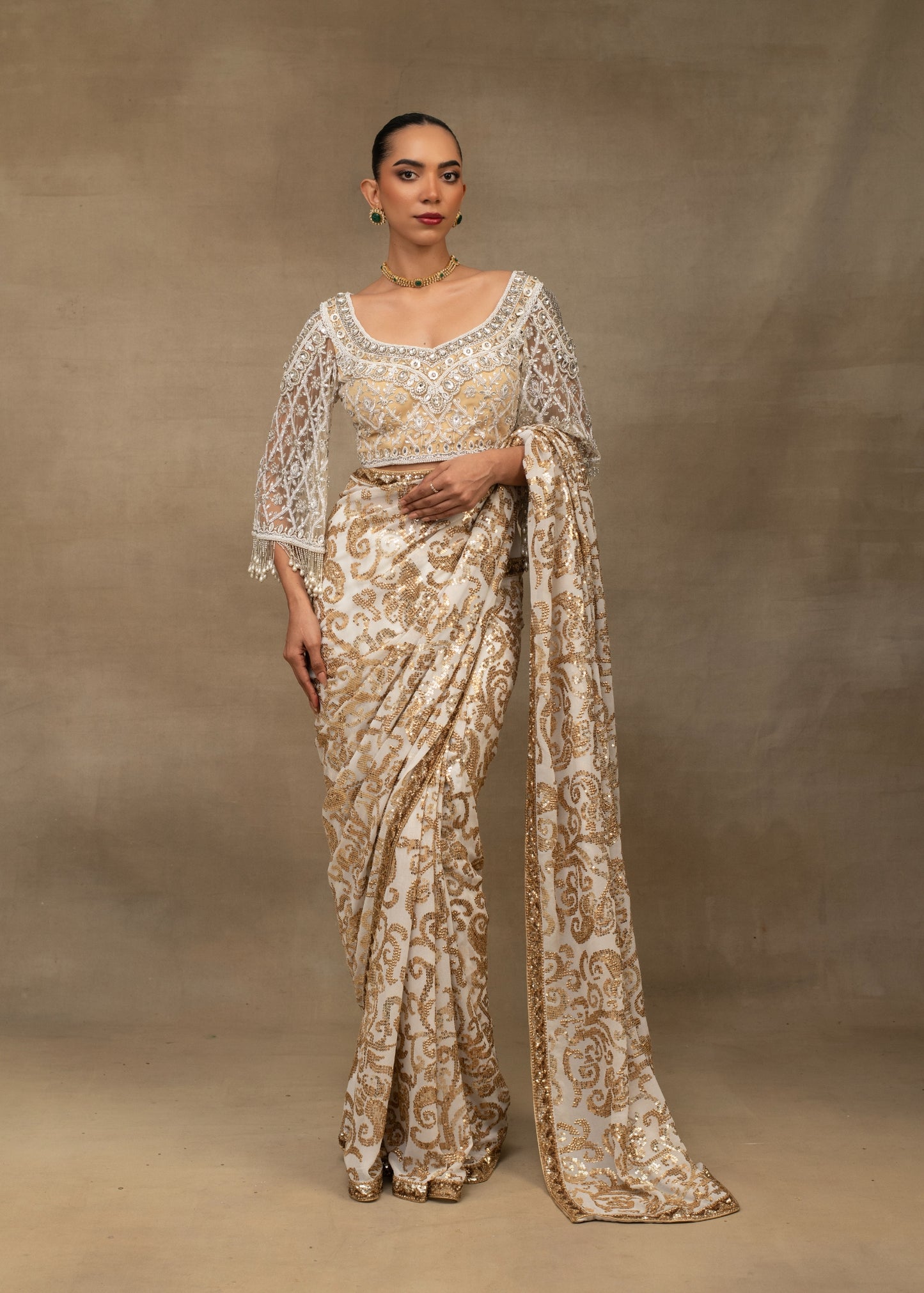 Ivory and Gold Sequin Embroidered Saree with Embellished Blouse