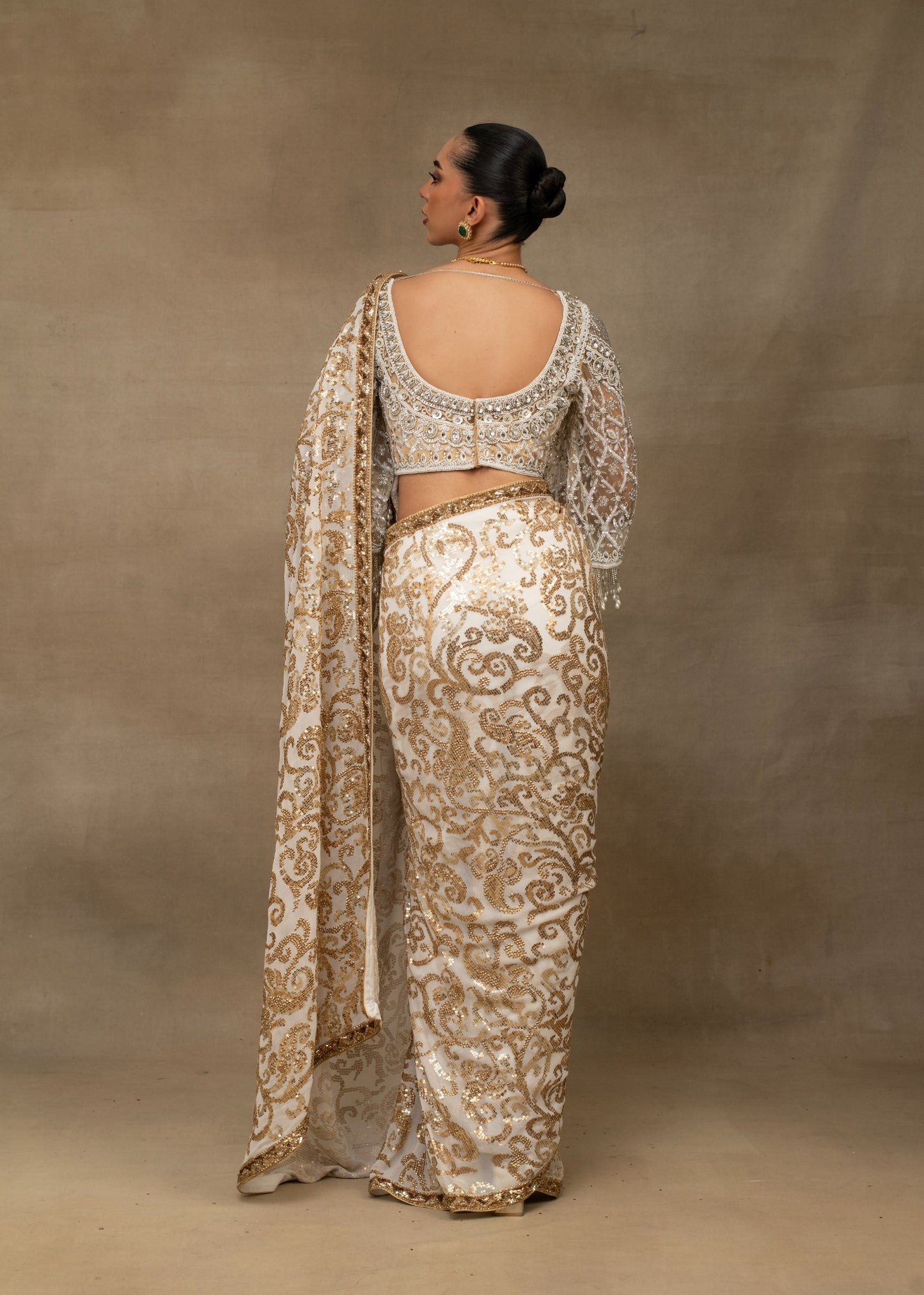 Ivory and Gold Sequin Embroidered Saree with Embellished Blouse