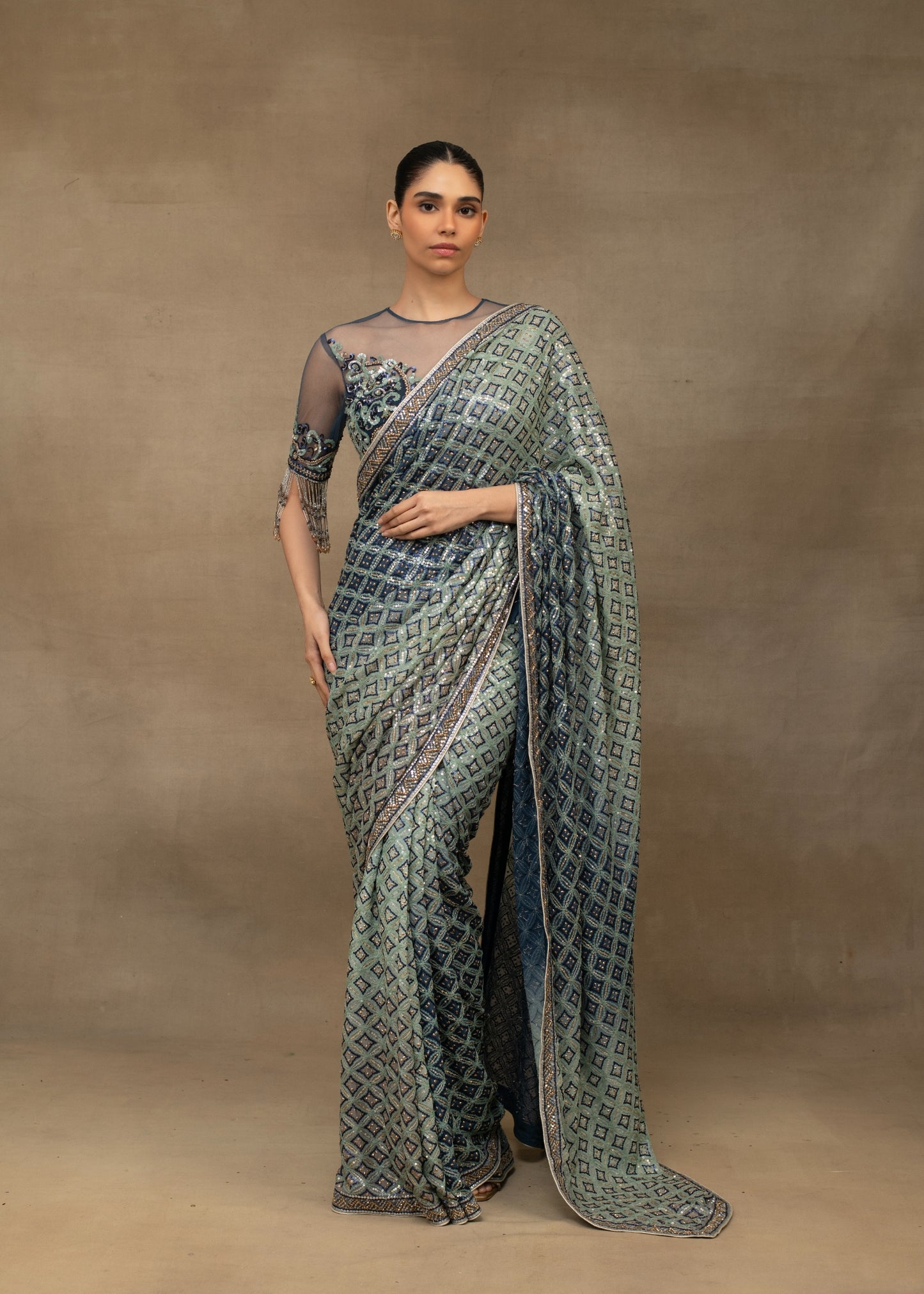 Slate Blue Geometric Sequin Saree with Illusion Blouse