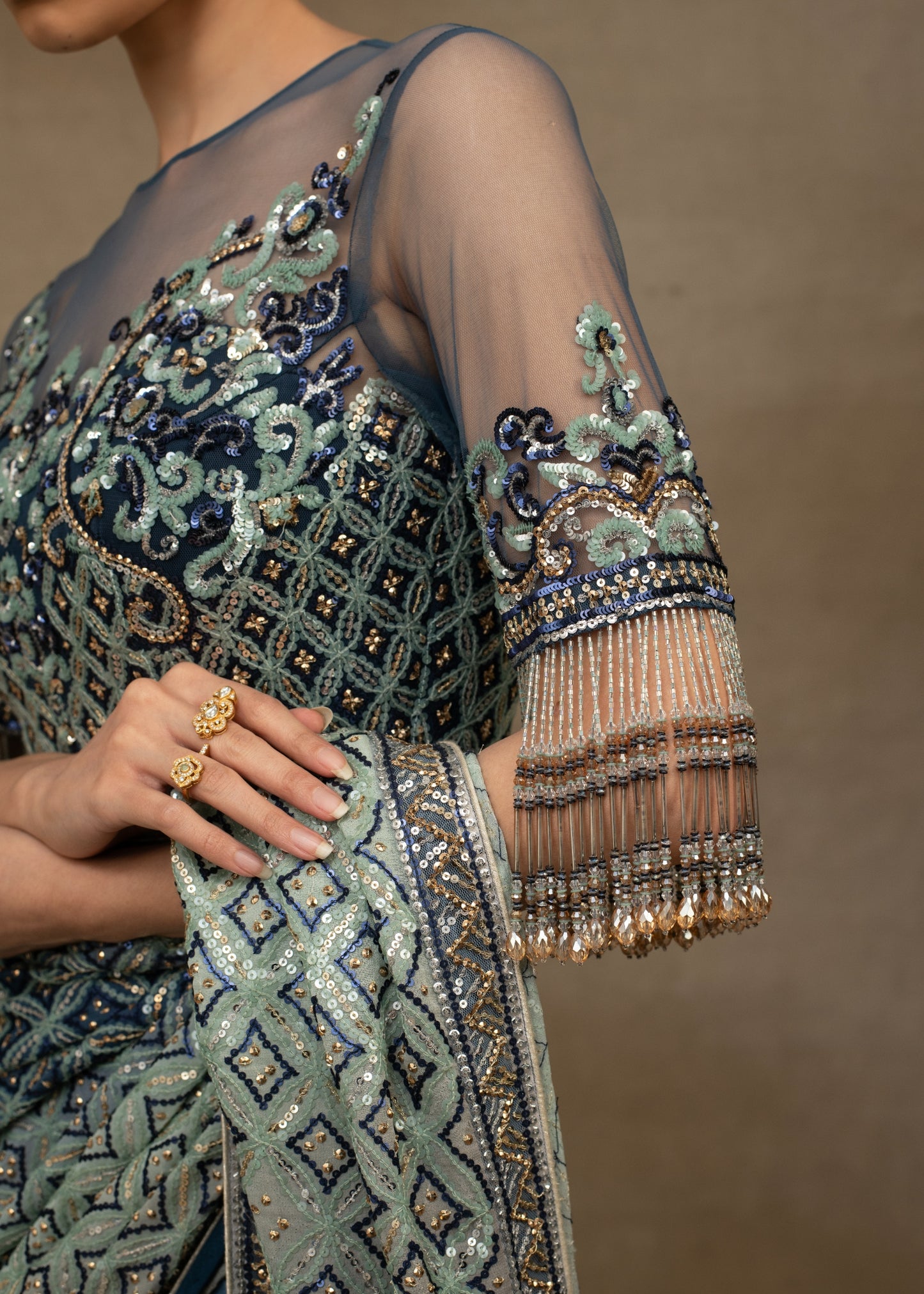Slate Blue Geometric Sequin Saree with Illusion Blouse