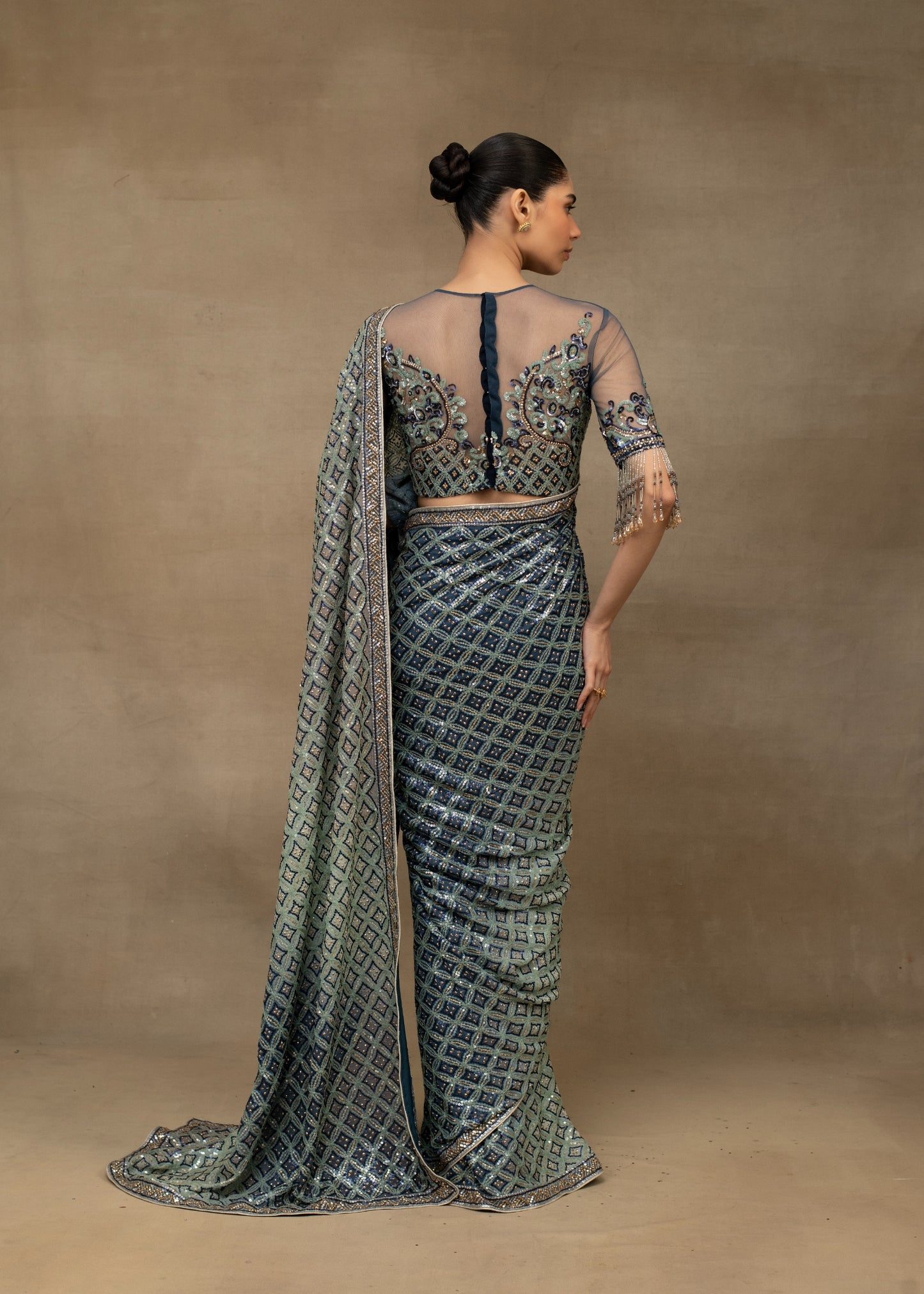 Slate Blue Geometric Sequin Saree with Illusion Blouse