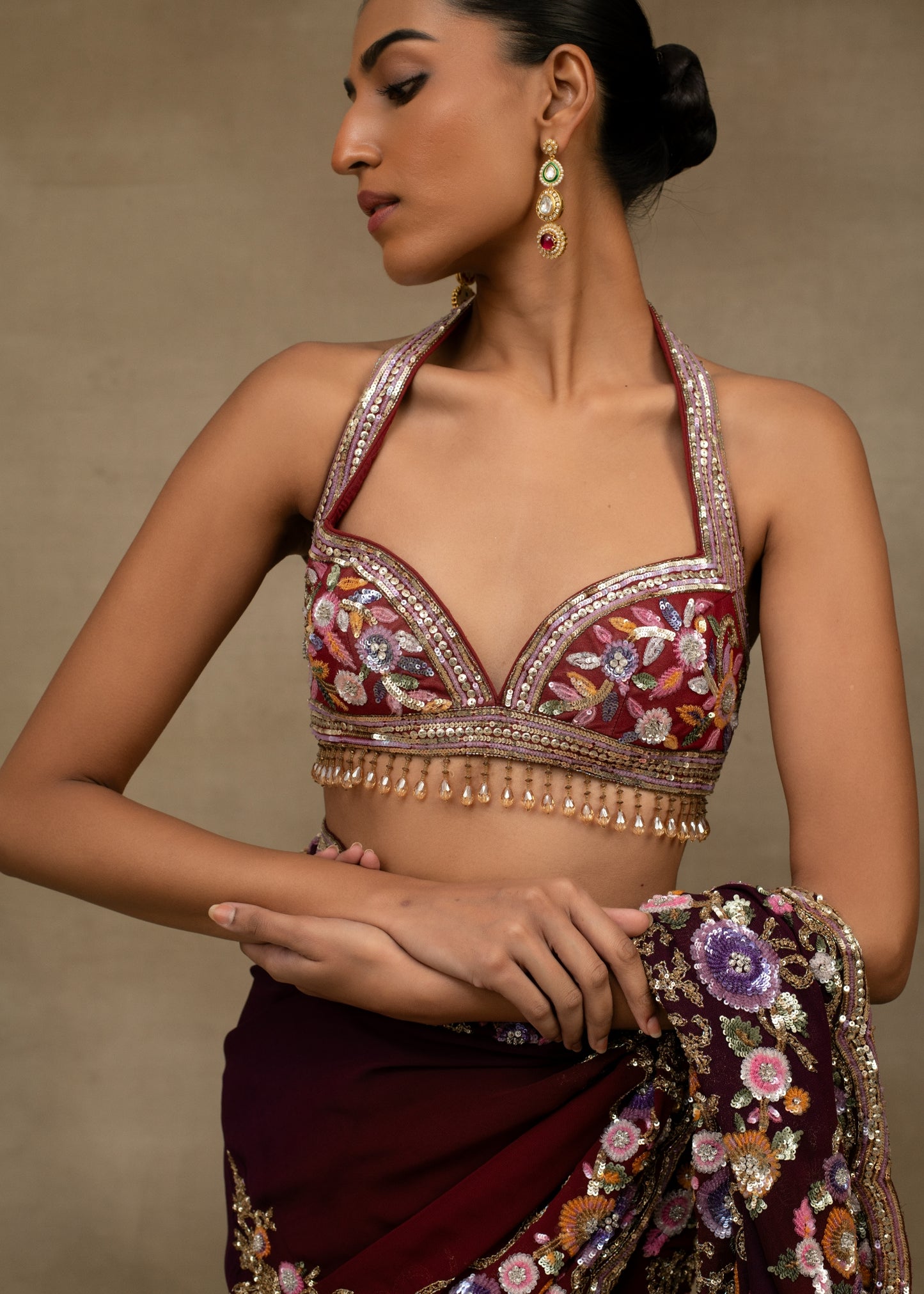 Maroon Floral Embroidered Saree with Halter Blouse
