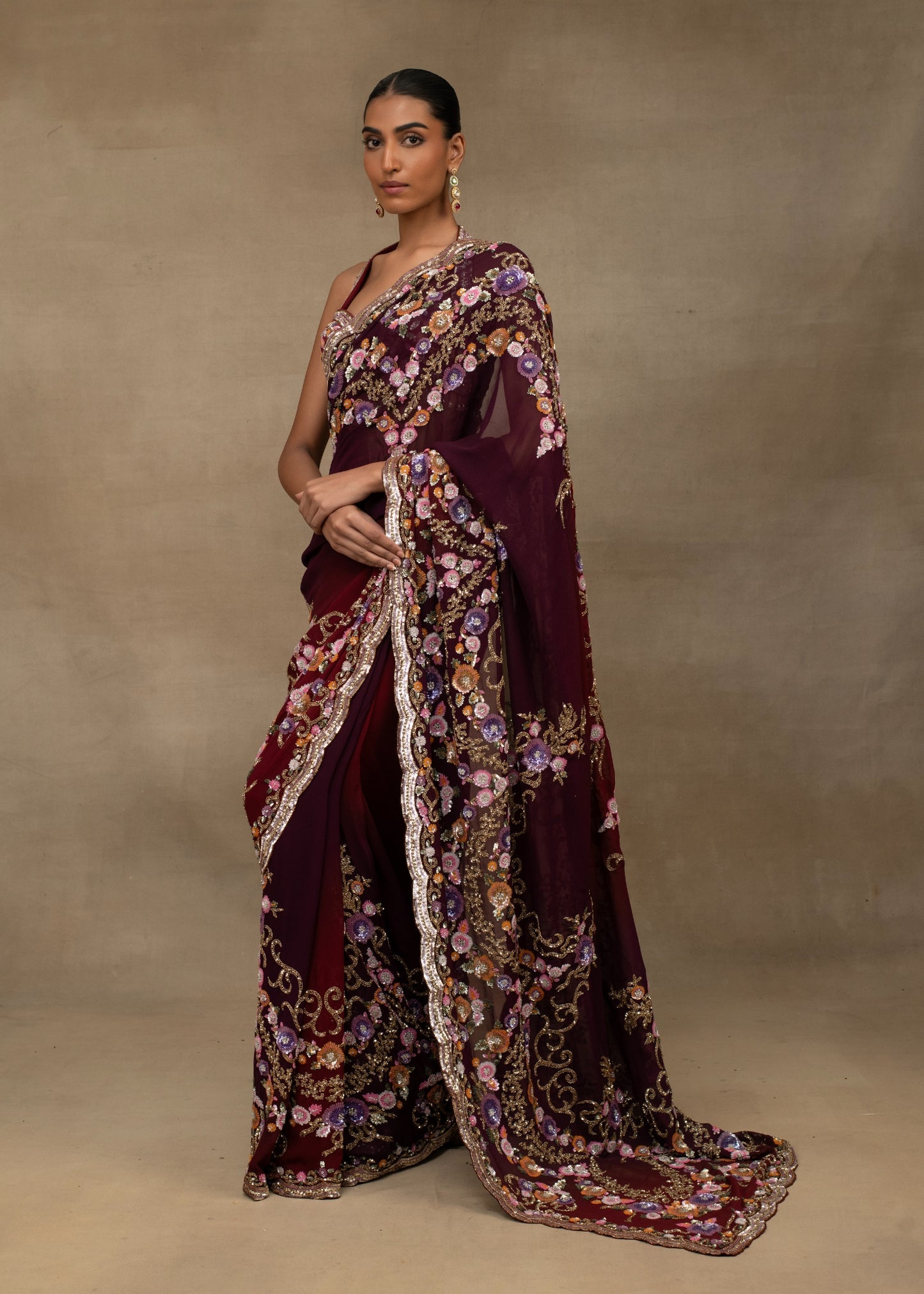 Maroon Floral Embroidered Saree with Halter Blouse