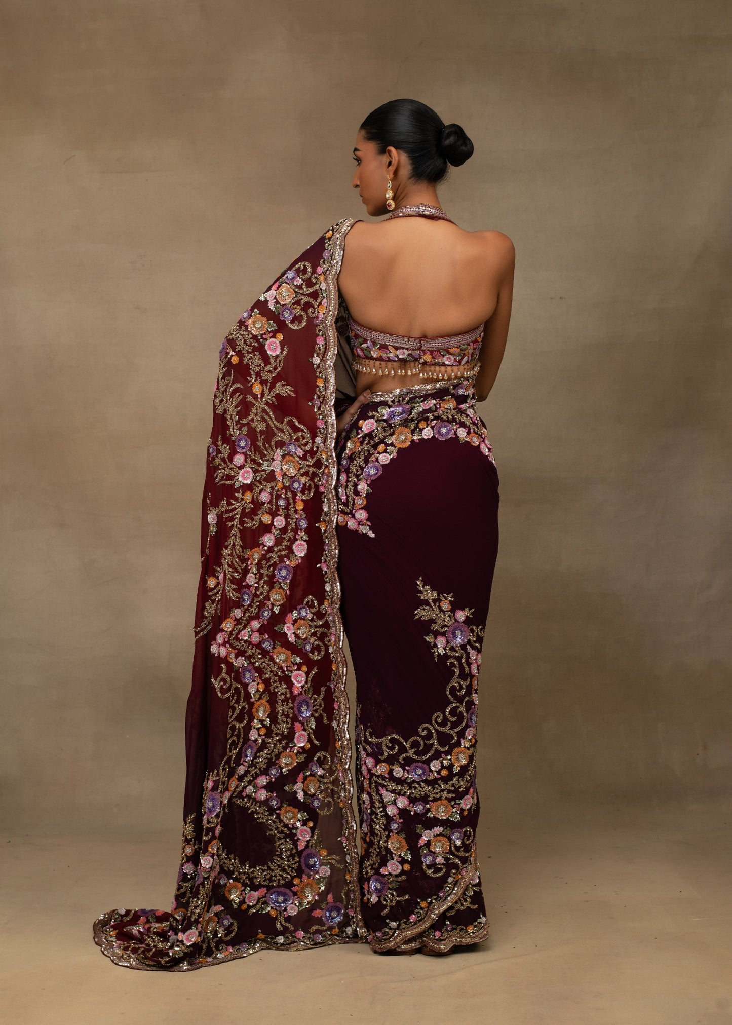 Maroon Floral Embroidered Saree with Halter Blouse