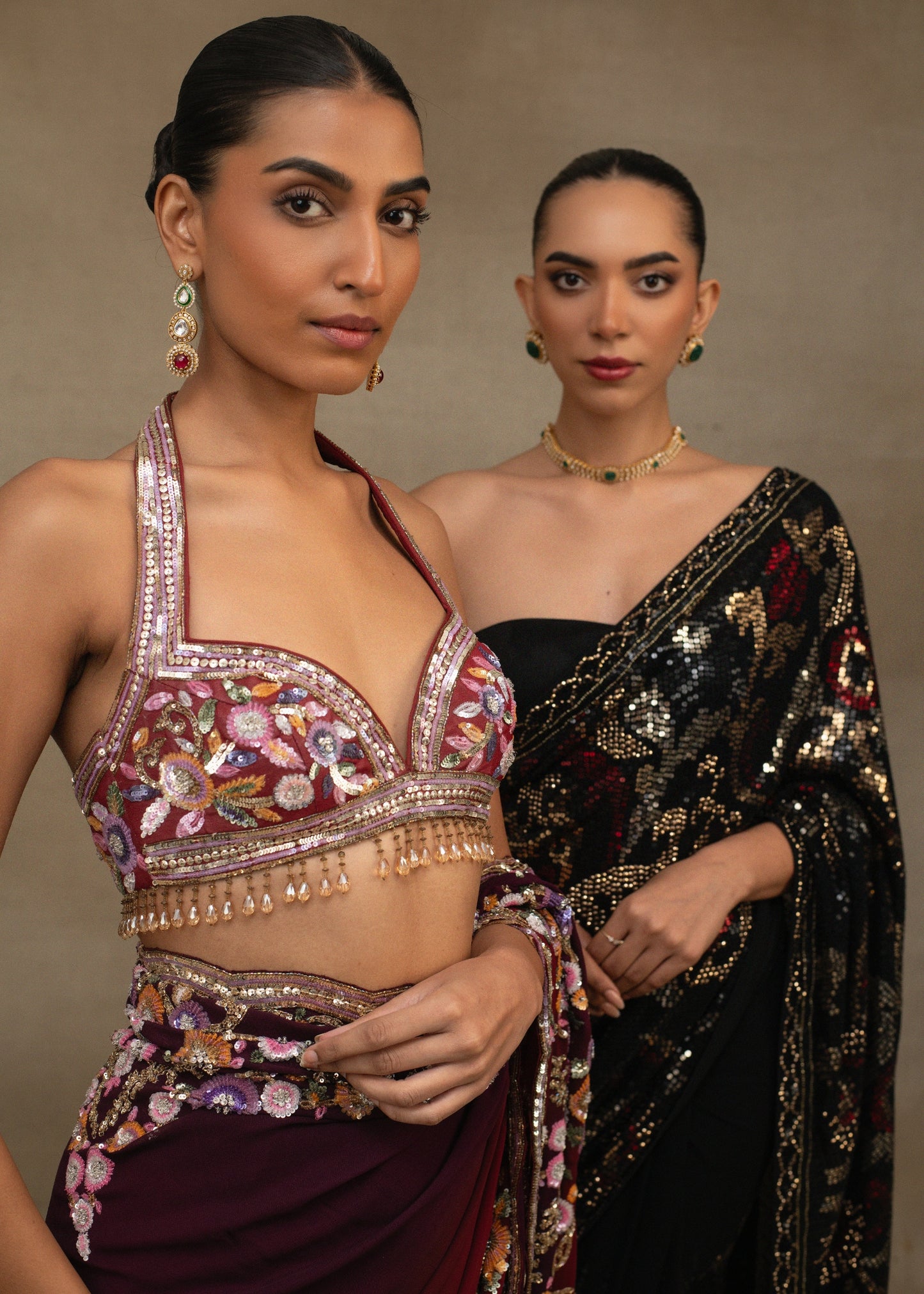 Maroon Floral Embroidered Saree with Halter Blouse