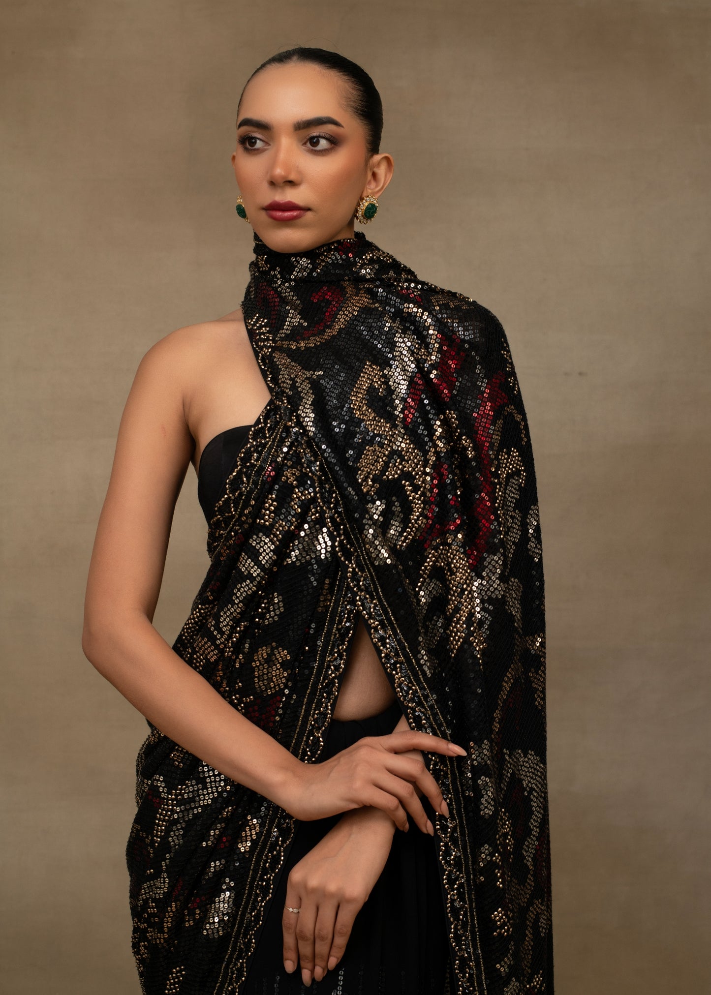 Black and Gold Sequin Embroidered One-Shoulder Saree