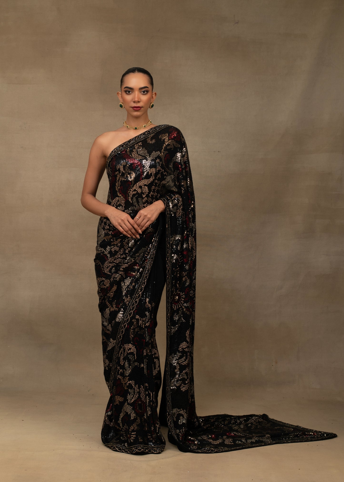 Black and Gold Sequin Embroidered One-Shoulder Saree
