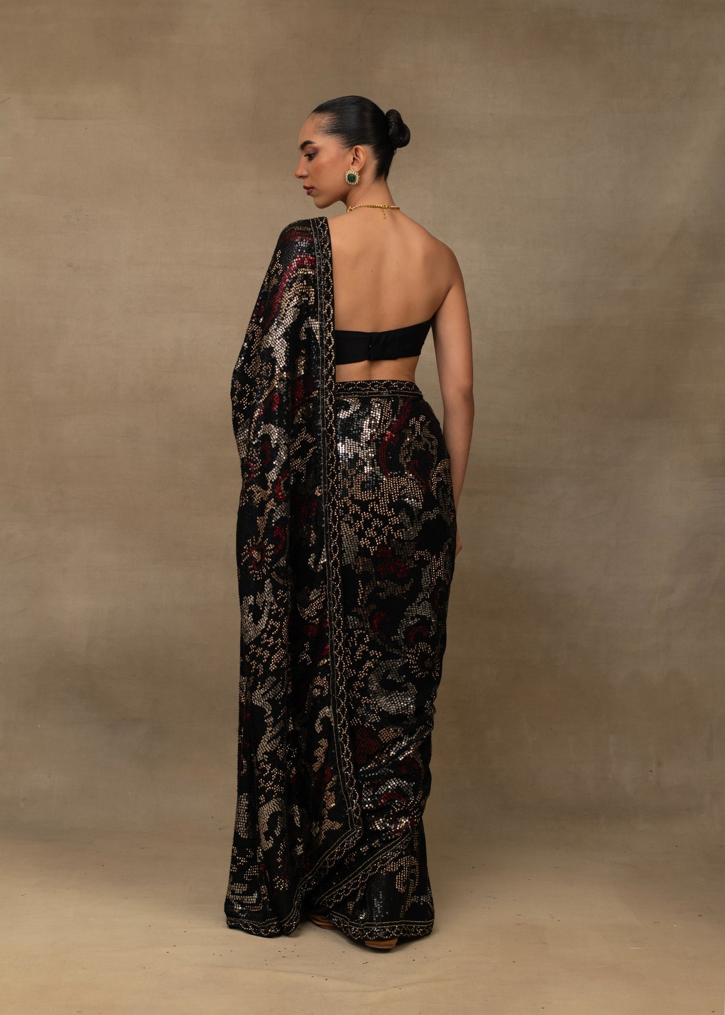 Black and Gold Sequin Embroidered One-Shoulder Saree