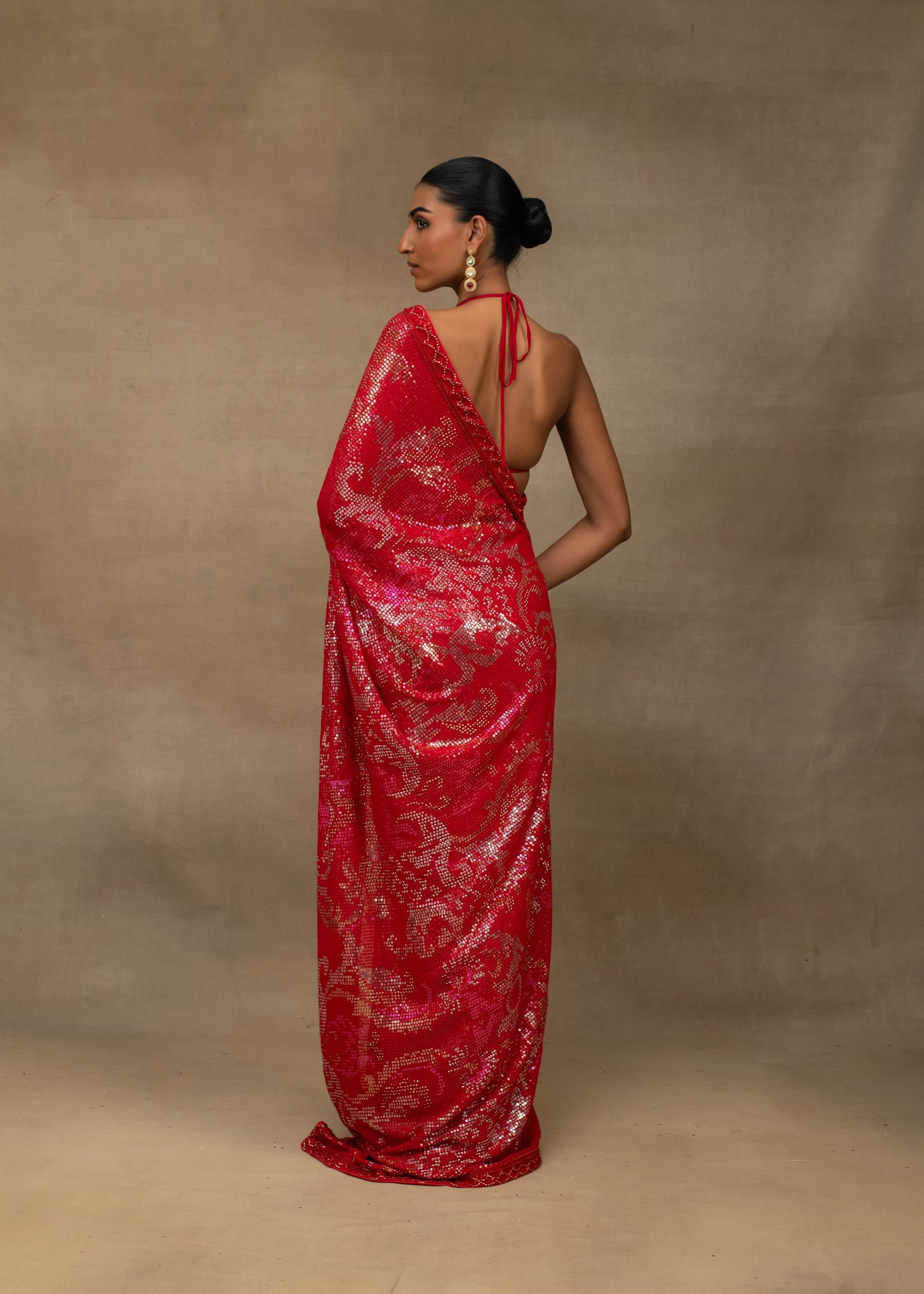 Ruby Red Sequin Embroidered Saree with Embellished Bralette