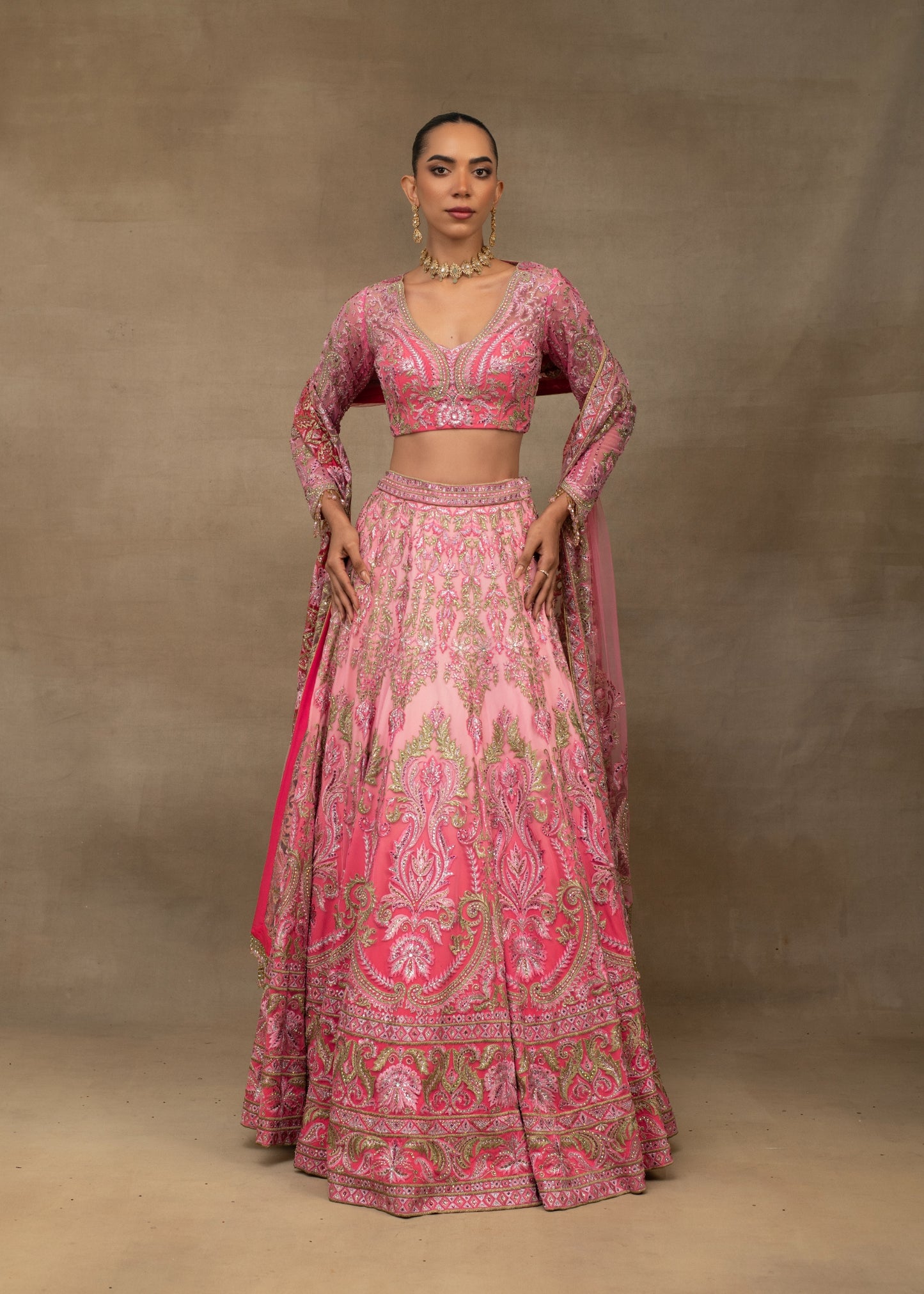 Pink Ombre Embroidered Lehenga with Full-Sleeve Blouse