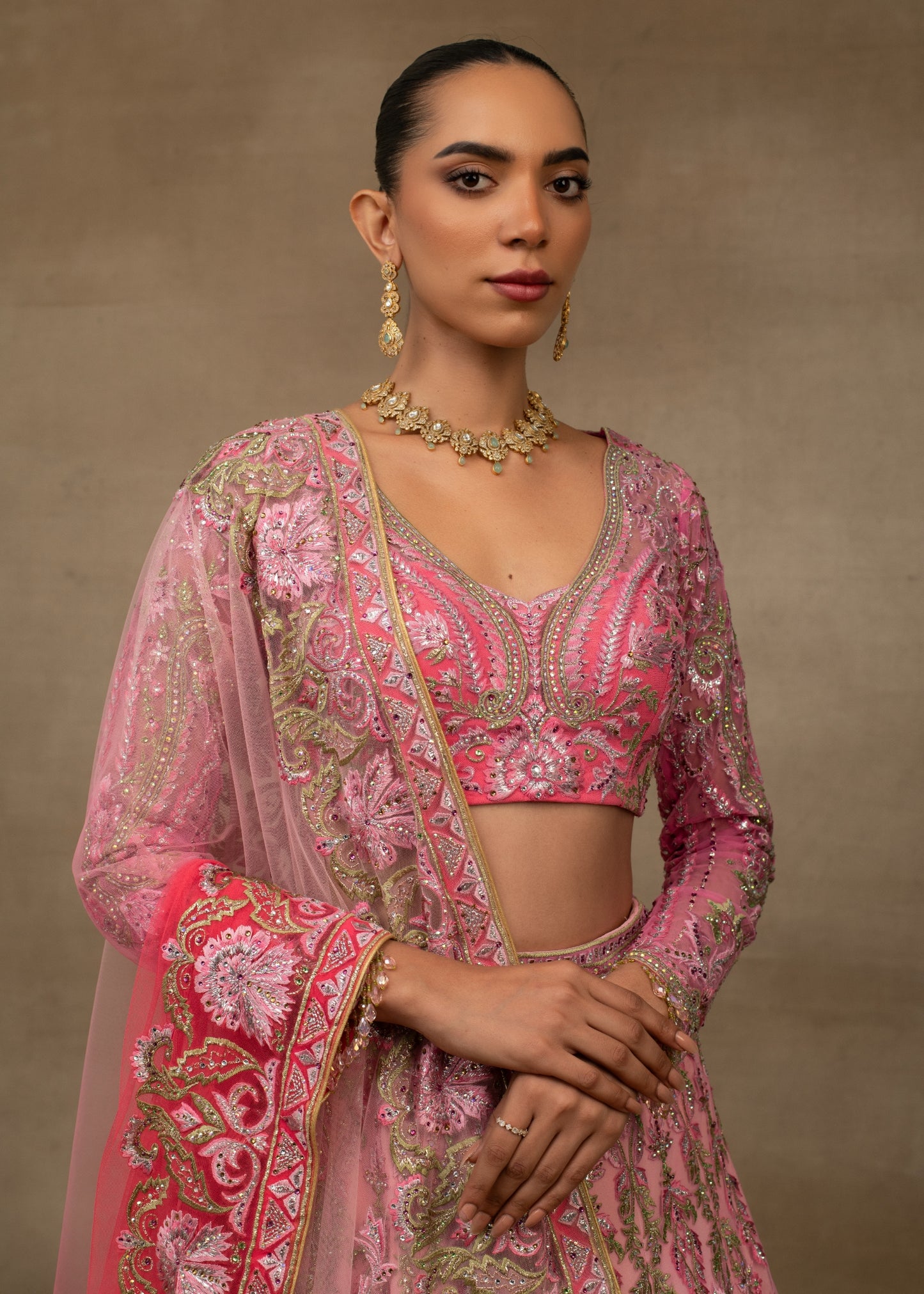 Pink Ombre Embroidered Lehenga with Full-Sleeve Blouse