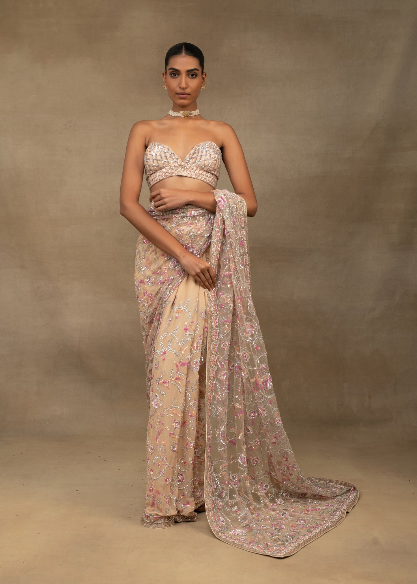 Nude Pink Floral Sequin Embroidered Saree with Embellished Bralette