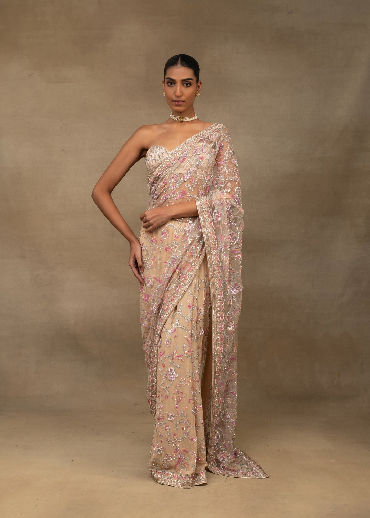 Nude Pink Floral Sequin Embroidered Saree with Embellished Bralette