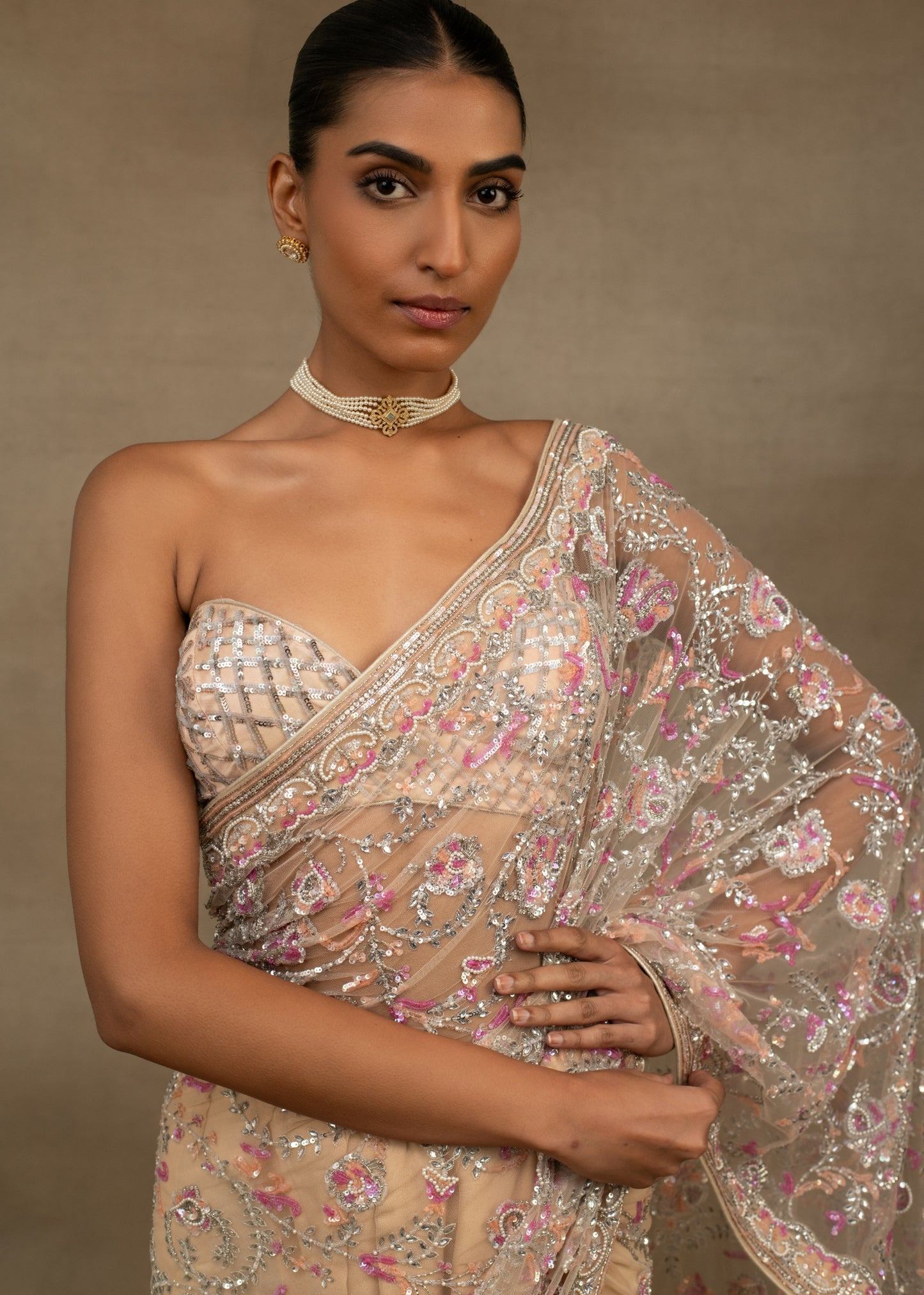 Nude Pink Floral Sequin Embroidered Saree with Embellished Bralette