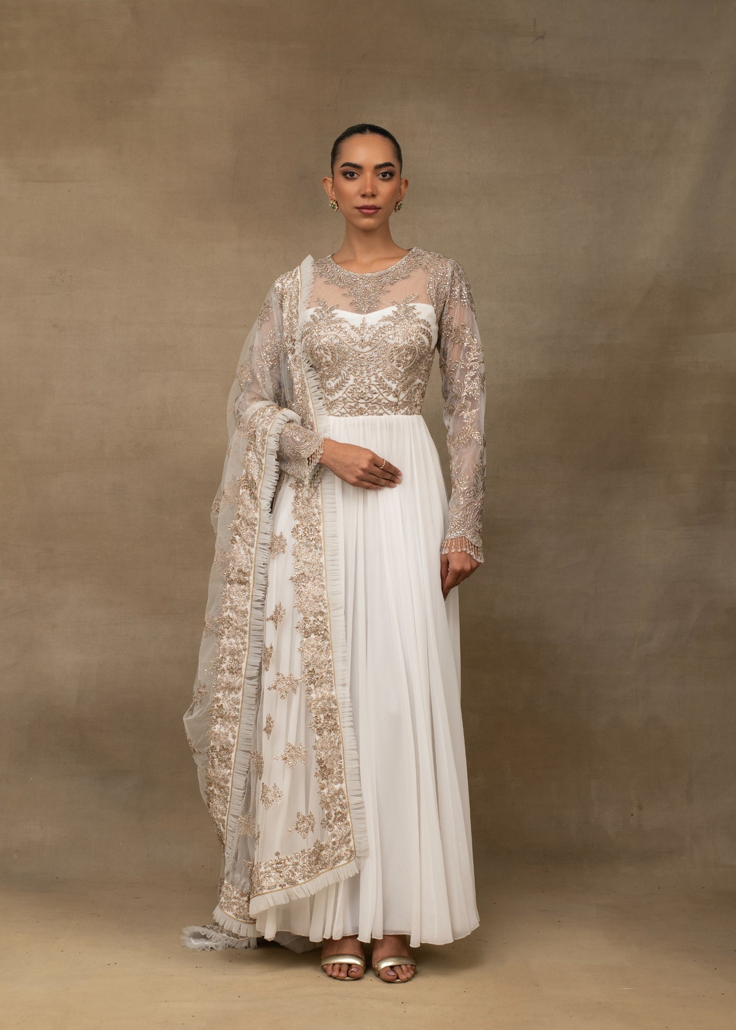 Ivory Embroidered Anarkali Suit with Sheer Dupatta