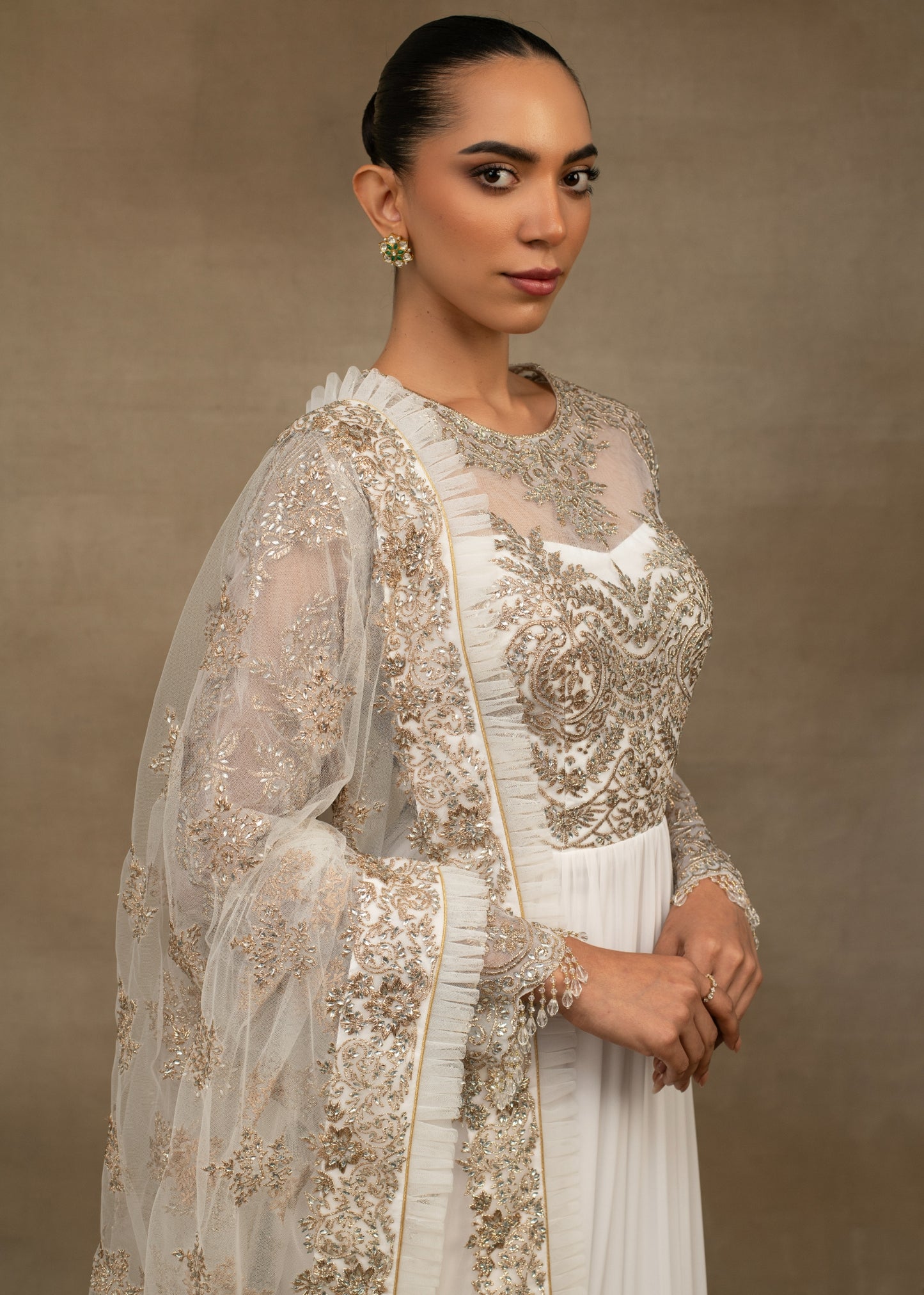 Ivory Embroidered Anarkali Suit with Sheer Dupatta