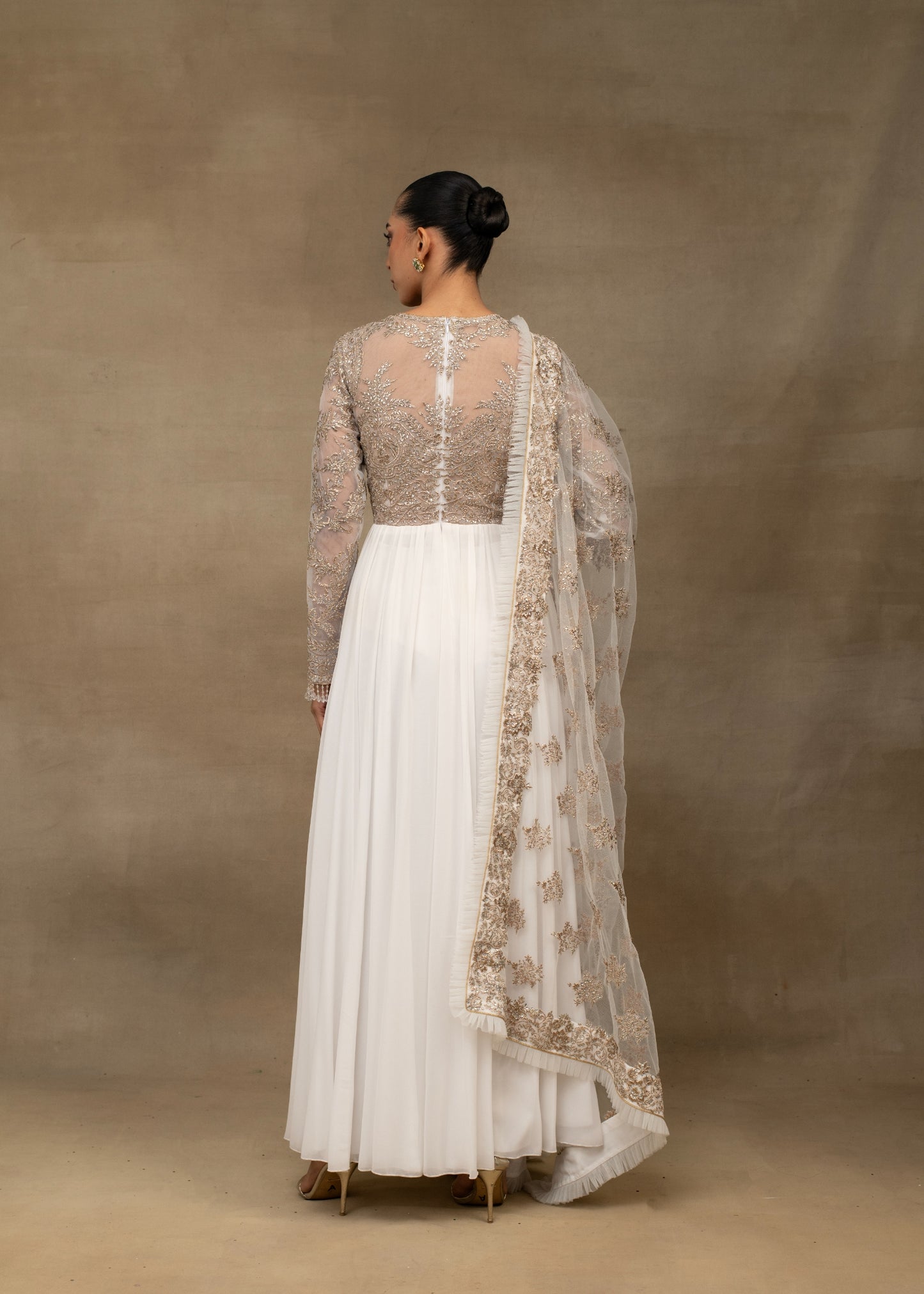 Ivory Embroidered Anarkali Suit with Sheer Dupatta