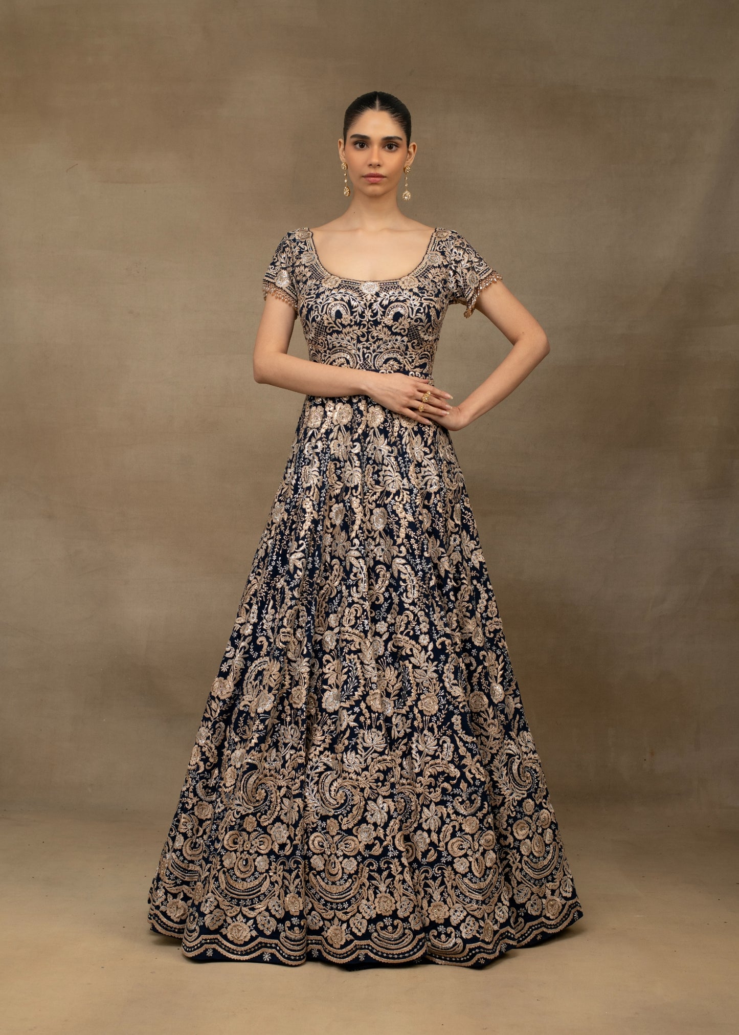 Navy Blue and Gold Embroidered Lehenga with Sweetheart Blouse