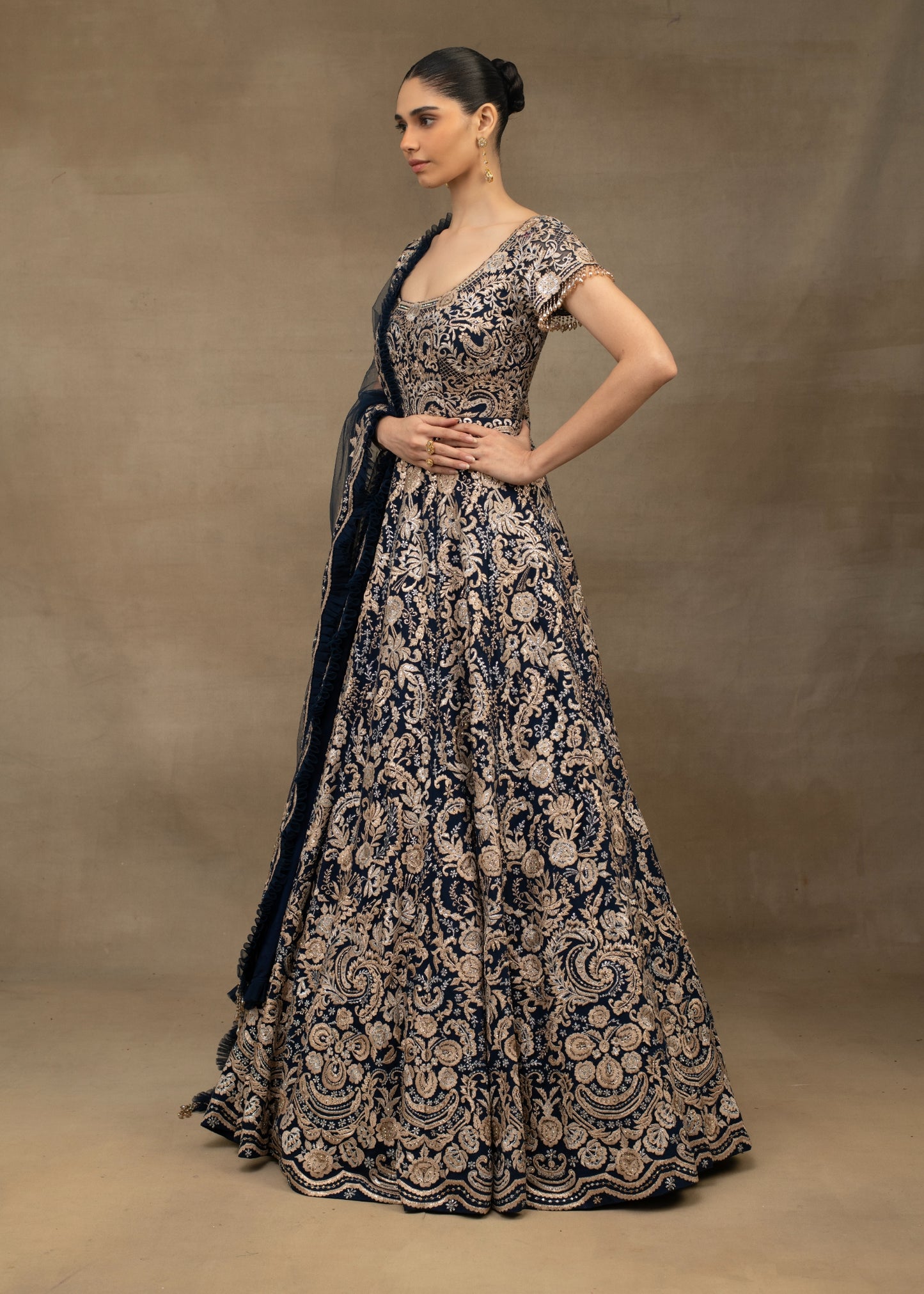 Navy Blue and Gold Embroidered Lehenga with Sweetheart Blouse
