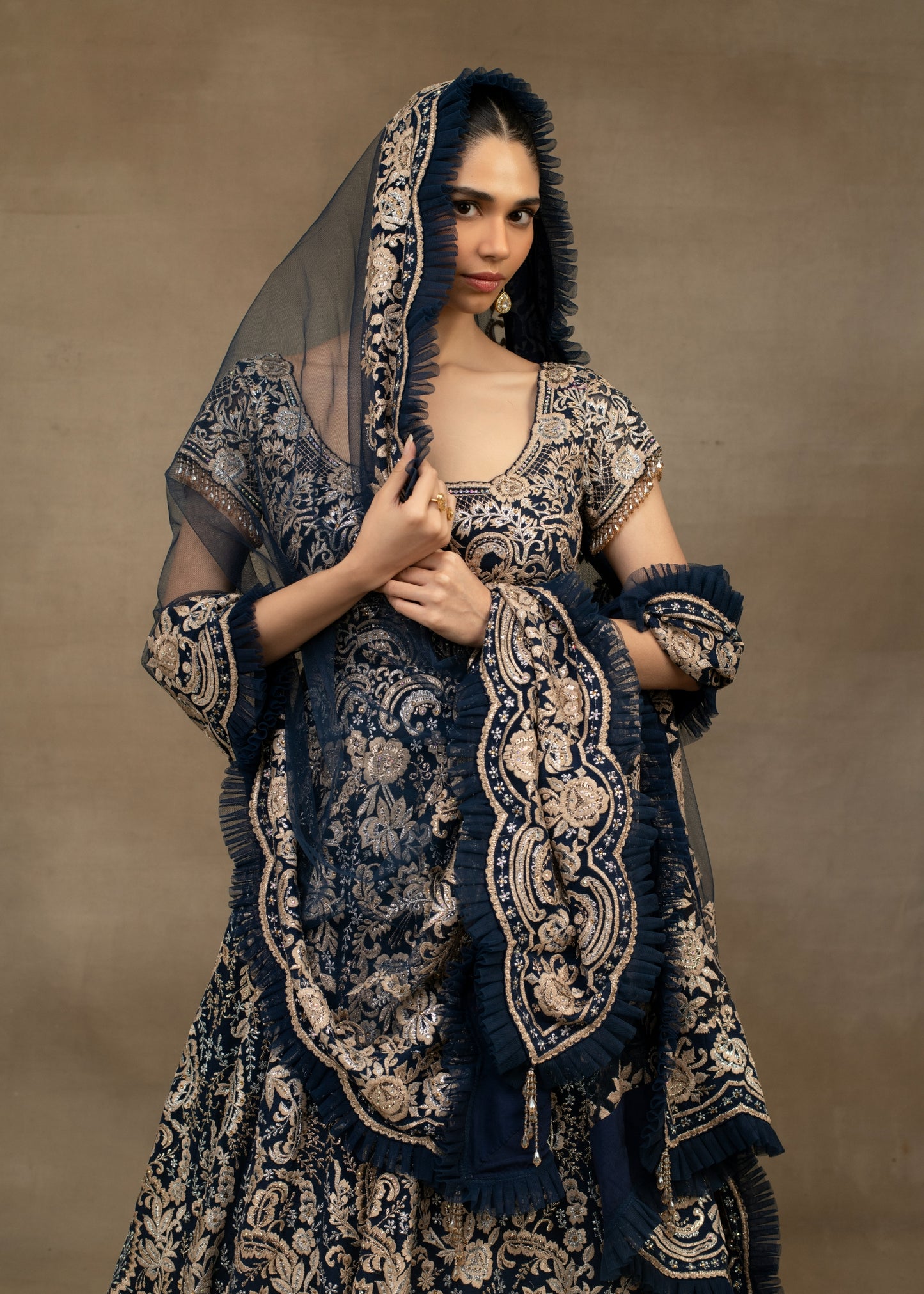 Navy Blue and Gold Embroidered Lehenga with Sweetheart Blouse