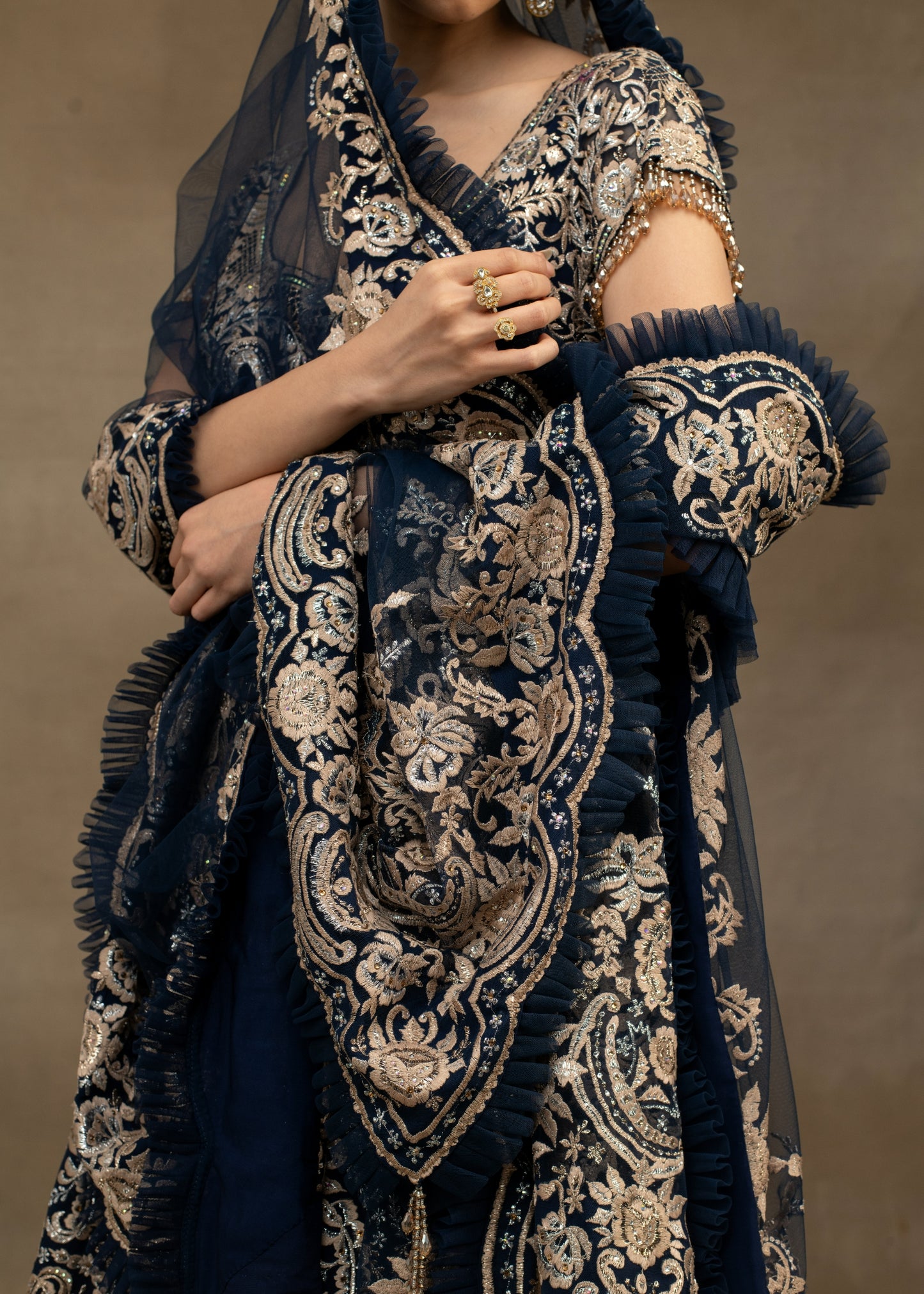 Navy Blue and Gold Embroidered Lehenga with Sweetheart Blouse